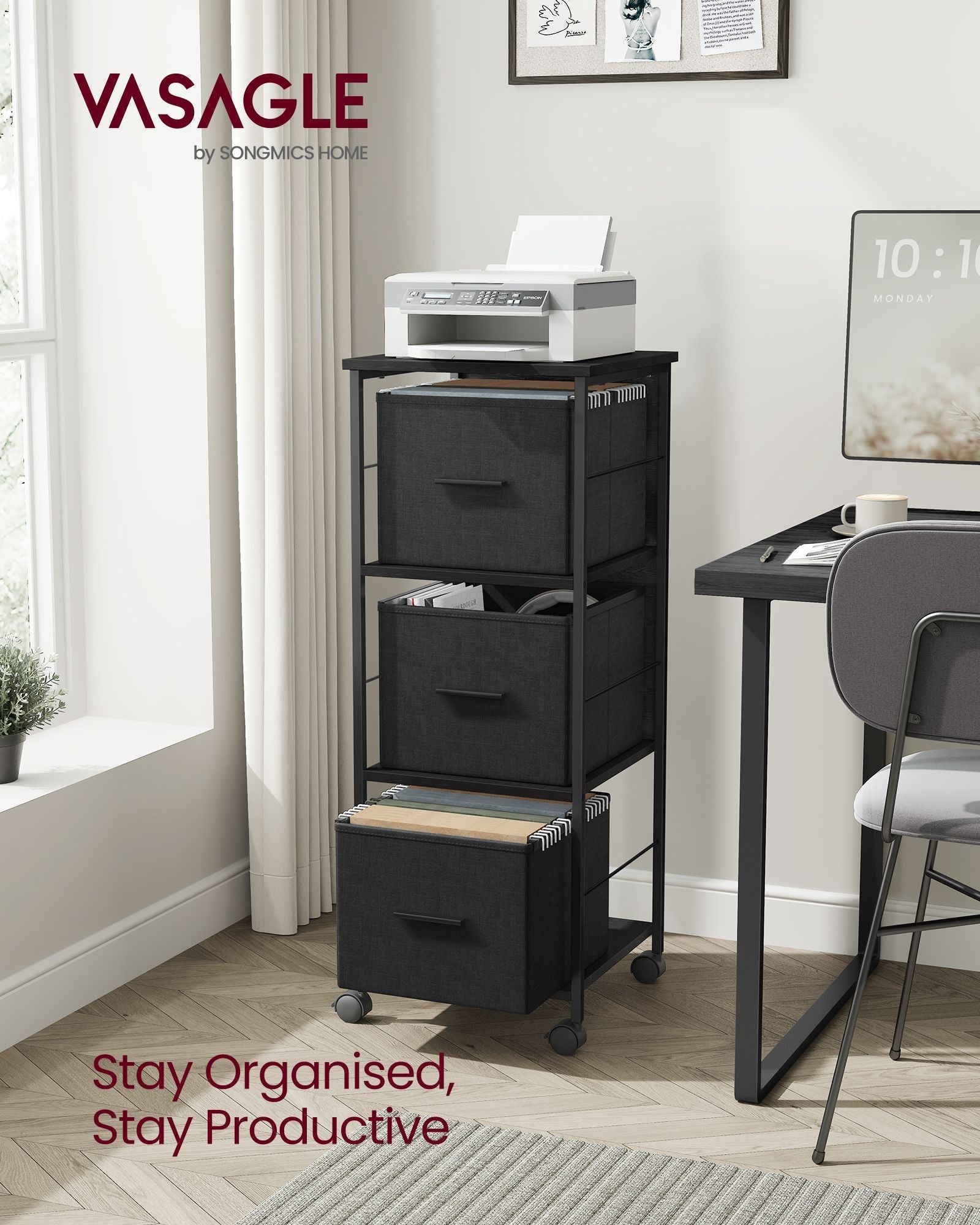 Filing Cabinet – Wood – Ebony Black and Ink Black – 3 Drawers with Bookshelf and Printer Stand