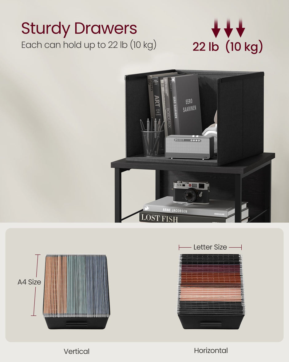 Filing Cabinet – Wood – Ebony Black and Ink Black – 3 Drawers with Bookshelf and Printer Stand