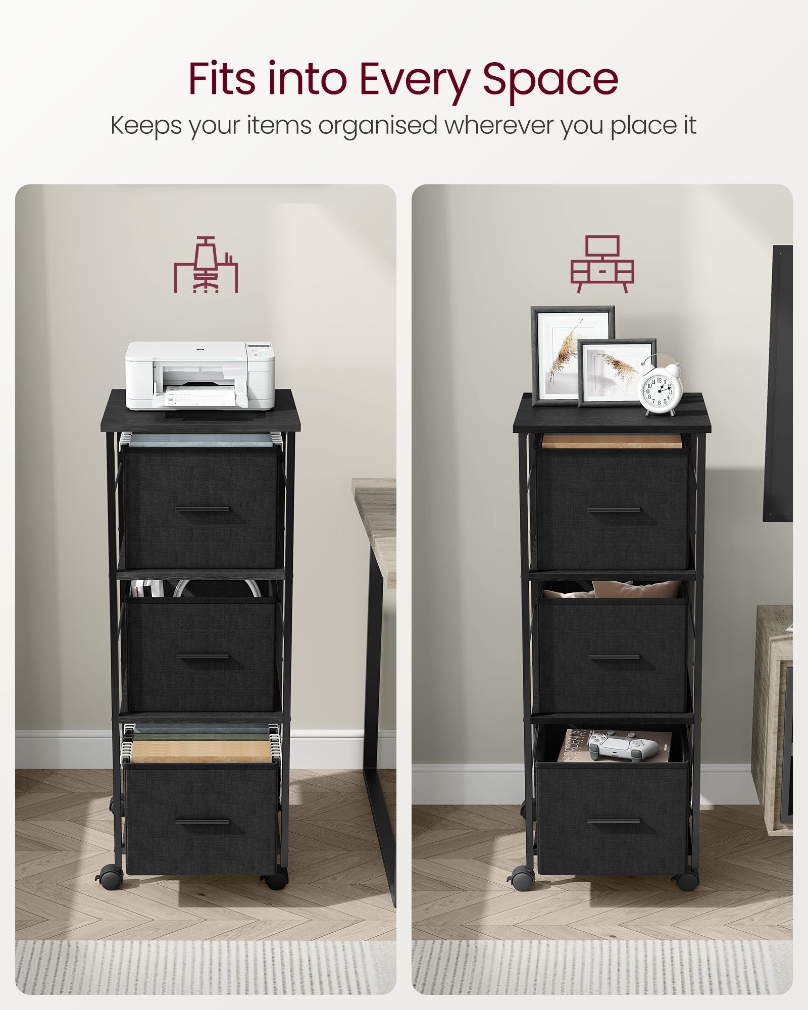 Filing Cabinet – Wood – Ebony Black and Ink Black – 3 Drawers with Bookshelf and Printer Stand
