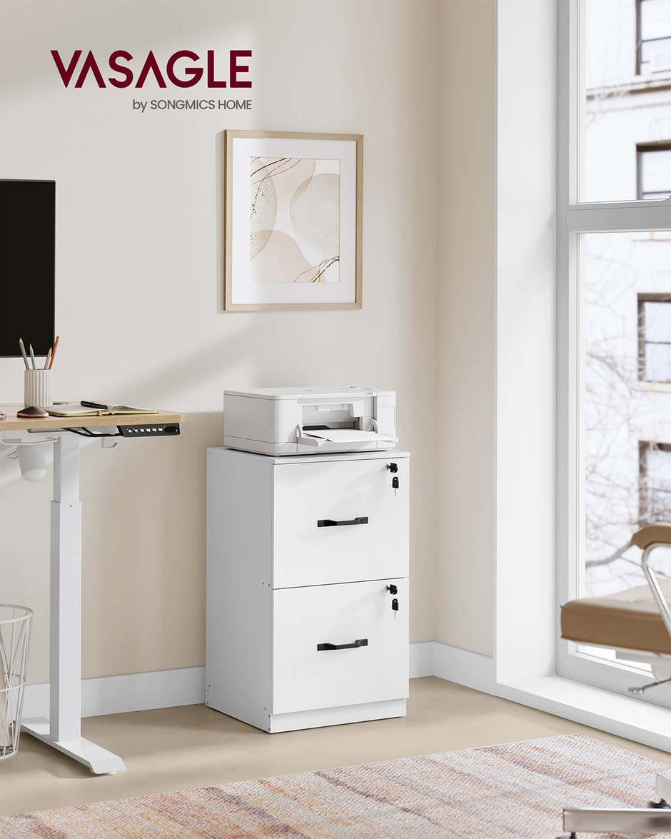 File Cabinet – Wood – Cloud White – Lockable Drawers, Adjustable Hanging Rails