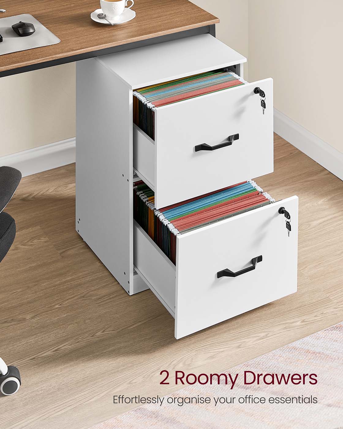 File Cabinet – Wood – Cloud White – Lockable Drawers, Adjustable Hanging Rails