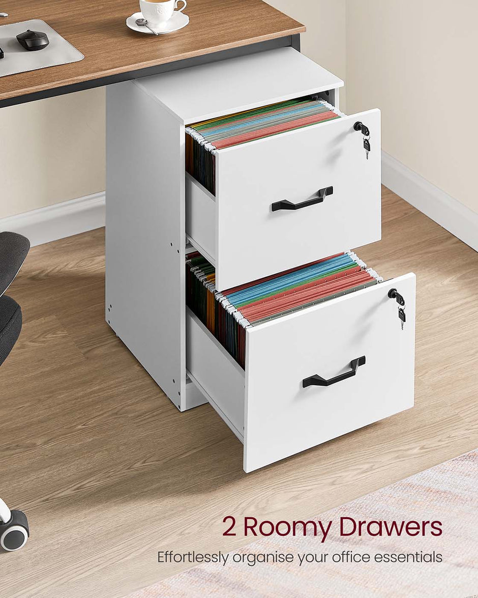 File Cabinet – Wood – Cloud White – Lockable Drawers, Adjustable Hanging Rails