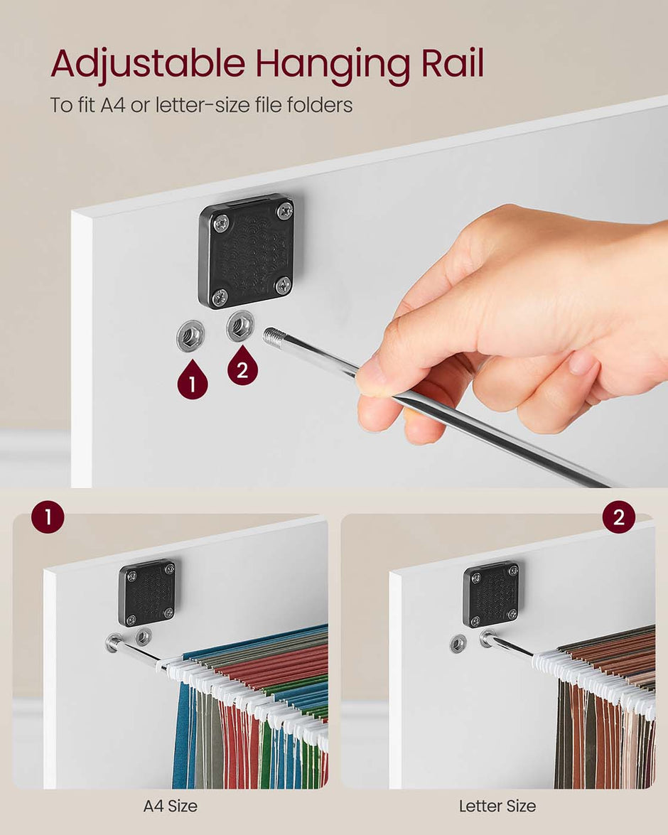 File Cabinet – Wood – Cloud White – Lockable Drawers, Adjustable Hanging Rails