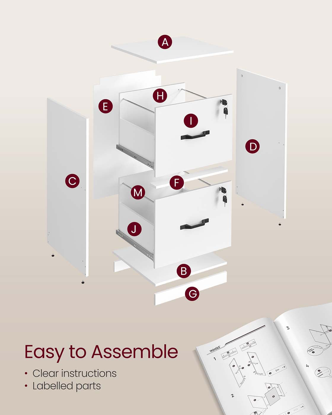 File Cabinet – Wood – Cloud White – Lockable Drawers, Adjustable Hanging Rails