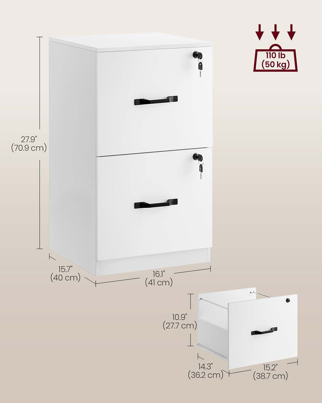 File Cabinet – Wood – Cloud White – Lockable Drawers, Adjustable Hanging Rails