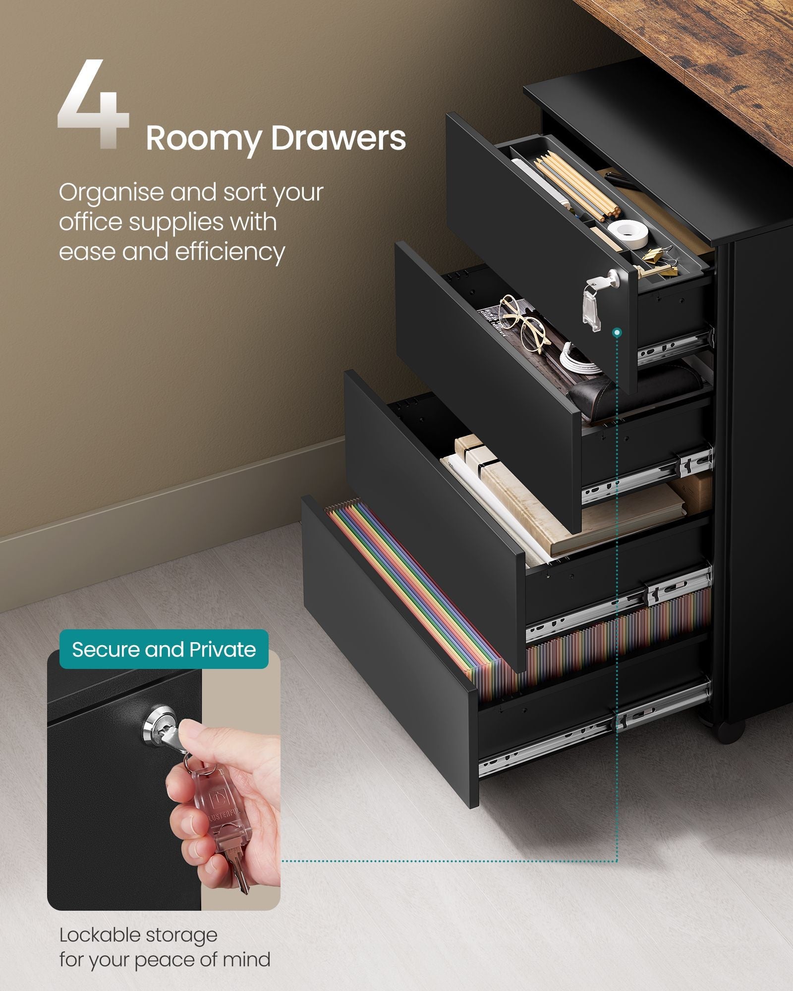 Lockable Mobile File Cabinet – Wood – Ink Black – 4 Drawers, Pre-Assembled