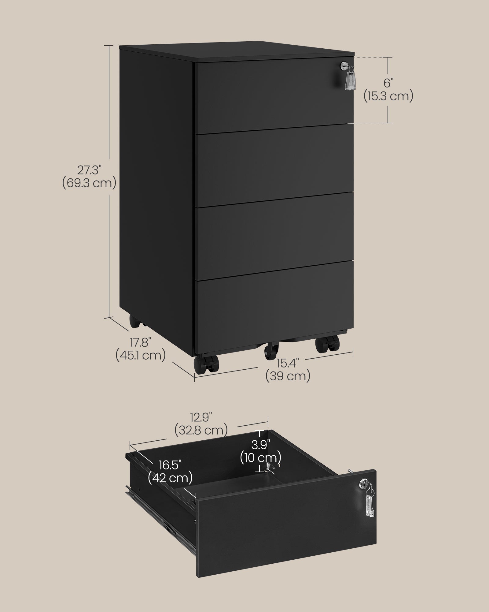 Lockable Mobile File Cabinet – Wood – Ink Black – 4 Drawers, Pre-Assembled