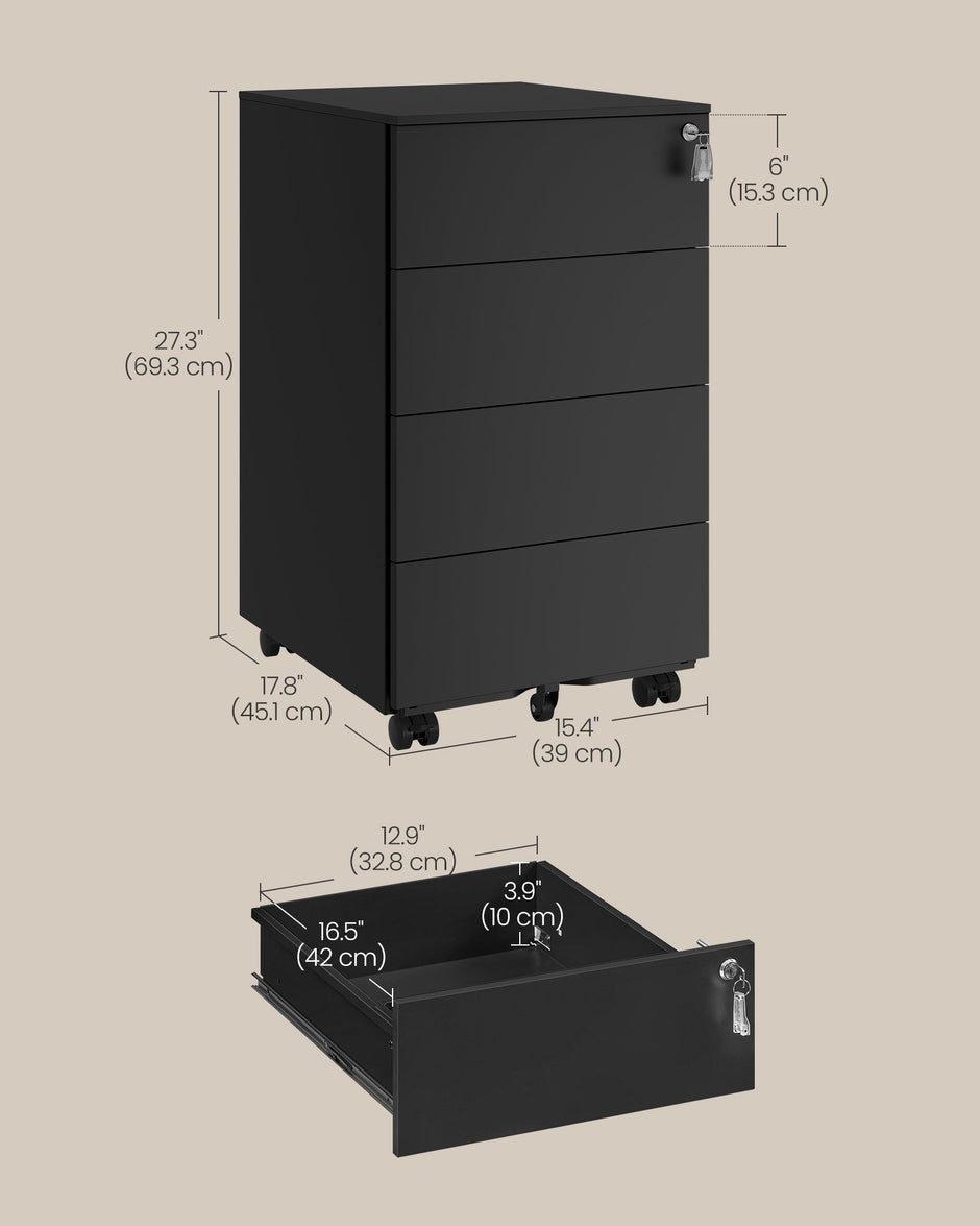 Lockable Mobile File Cabinet – Wood – Ink Black – 4 Drawers, Pre-Assembled