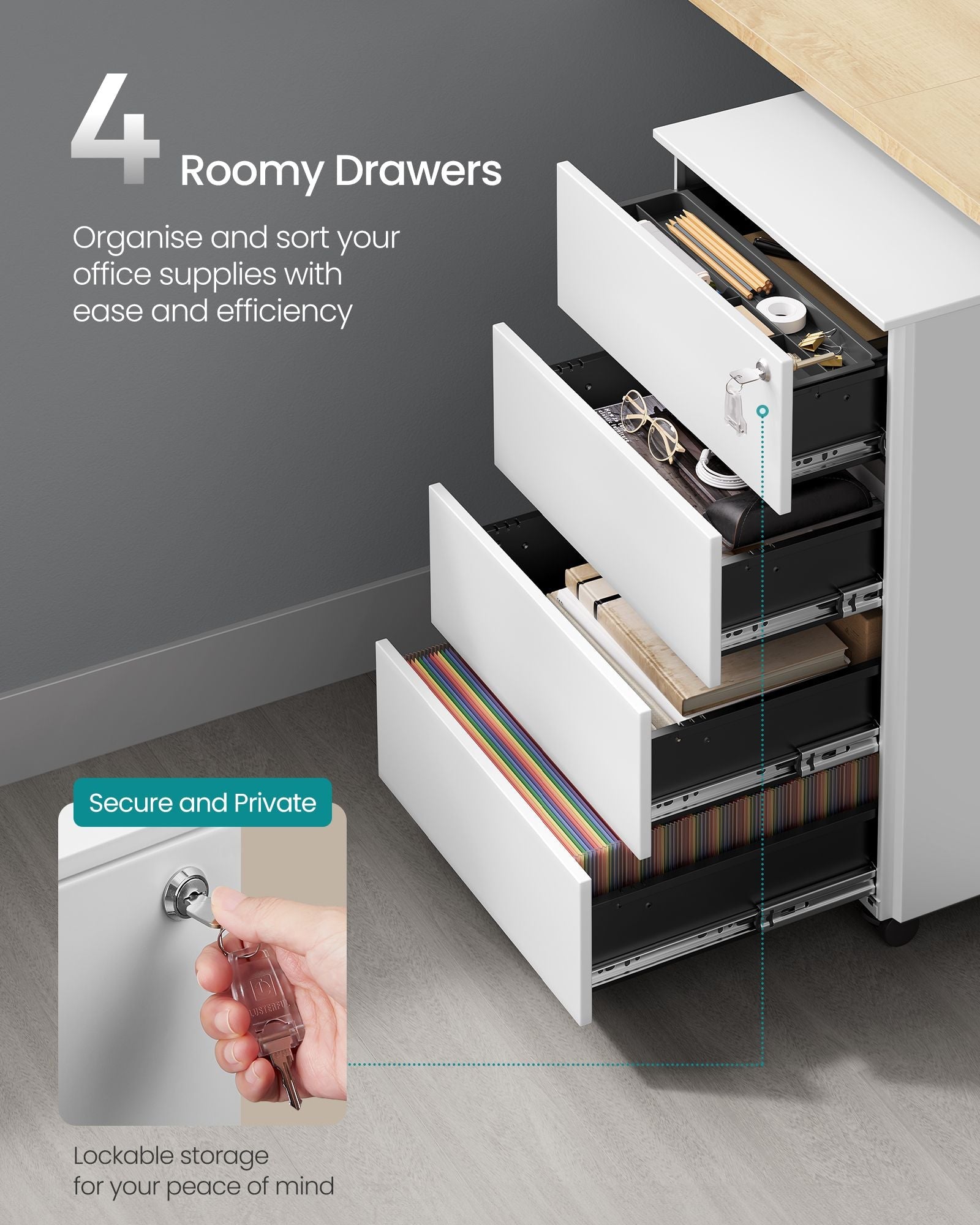 Lockable Mobile File Cabinet – Wood – Cloud White – 4 Drawers