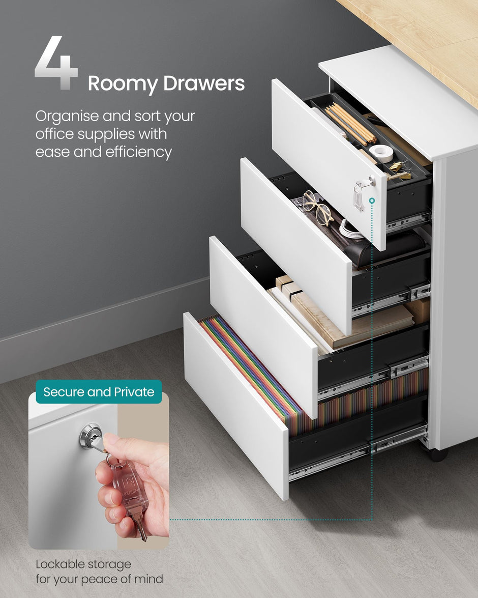 Lockable Mobile File Cabinet – Wood – Cloud White – 4 Drawers