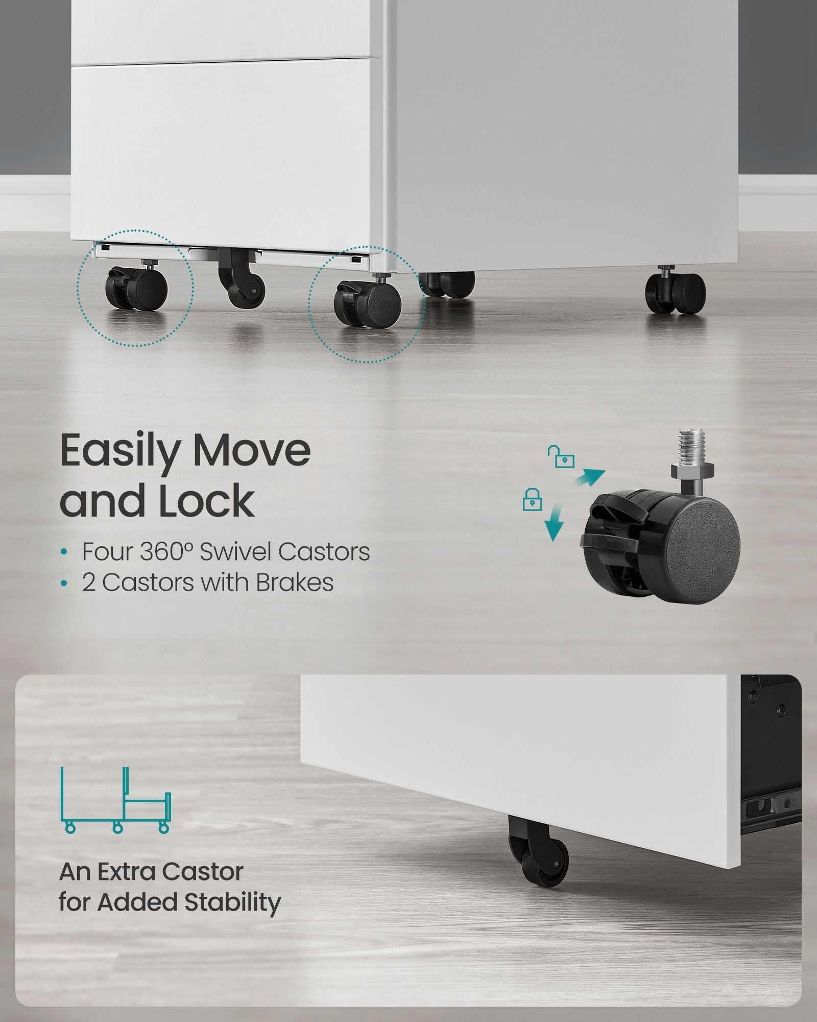 Lockable Mobile File Cabinet – Wood – Cloud White – 4 Drawers