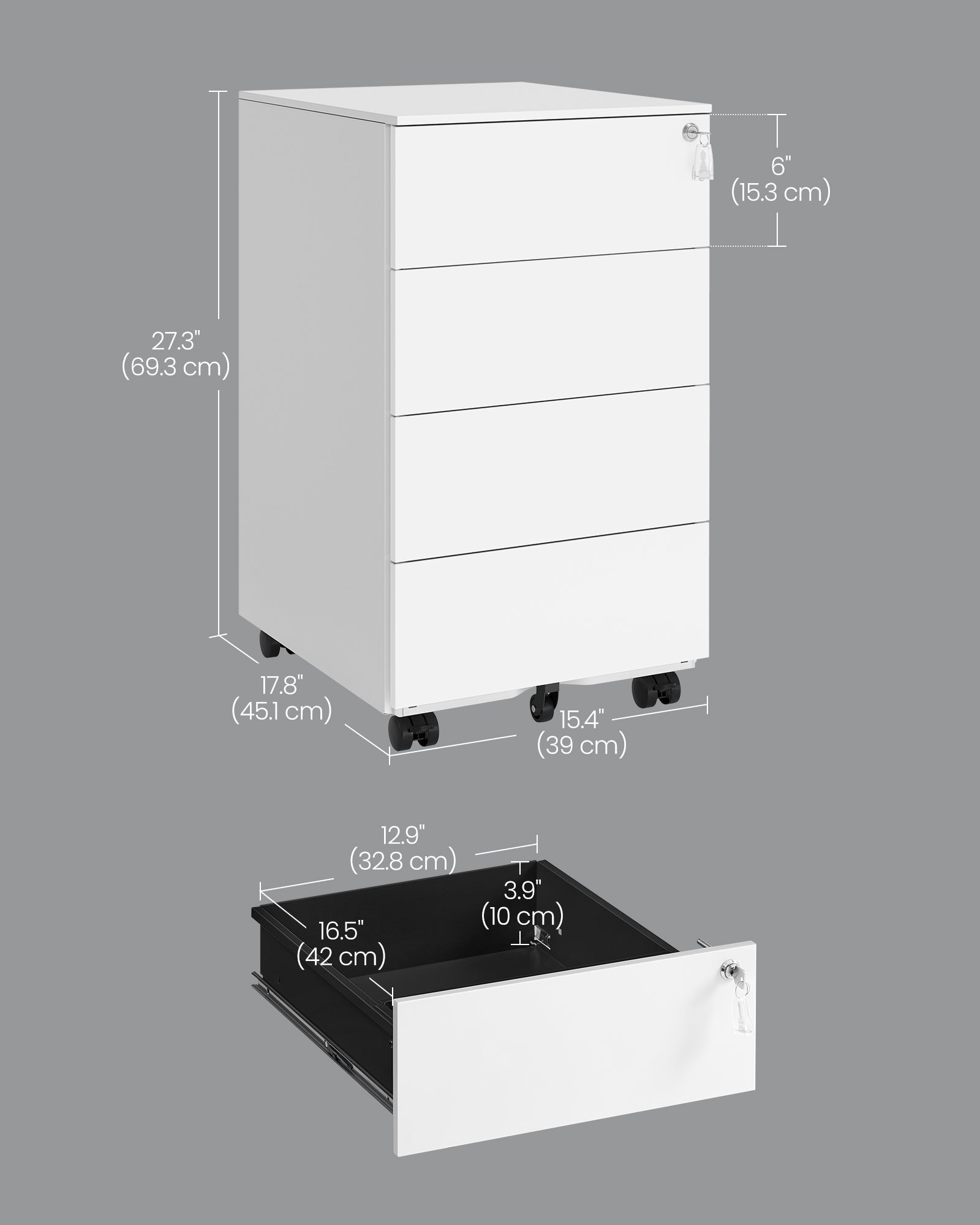 Lockable Mobile File Cabinet – Wood – Cloud White – 4 Drawers