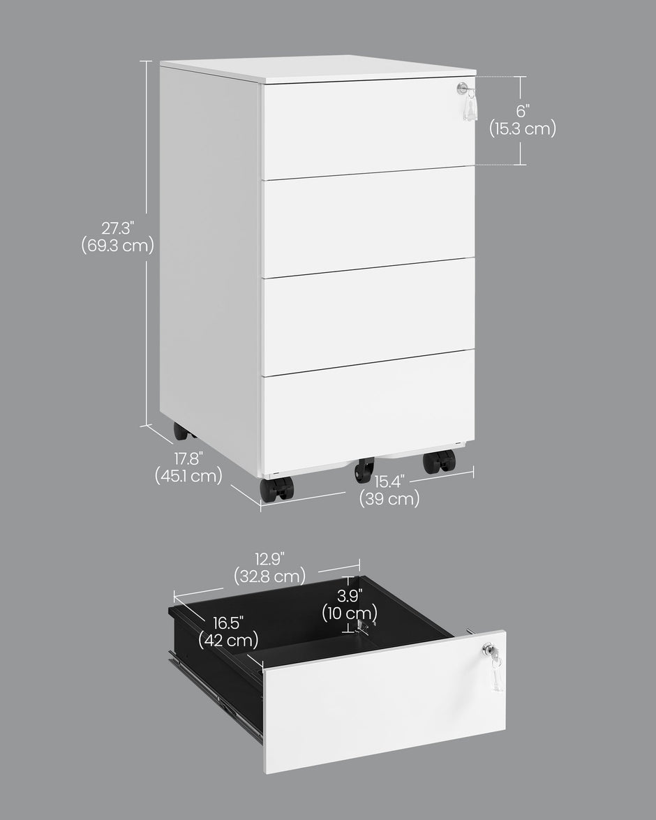 Lockable Mobile File Cabinet – Wood – Cloud White – 4 Drawers