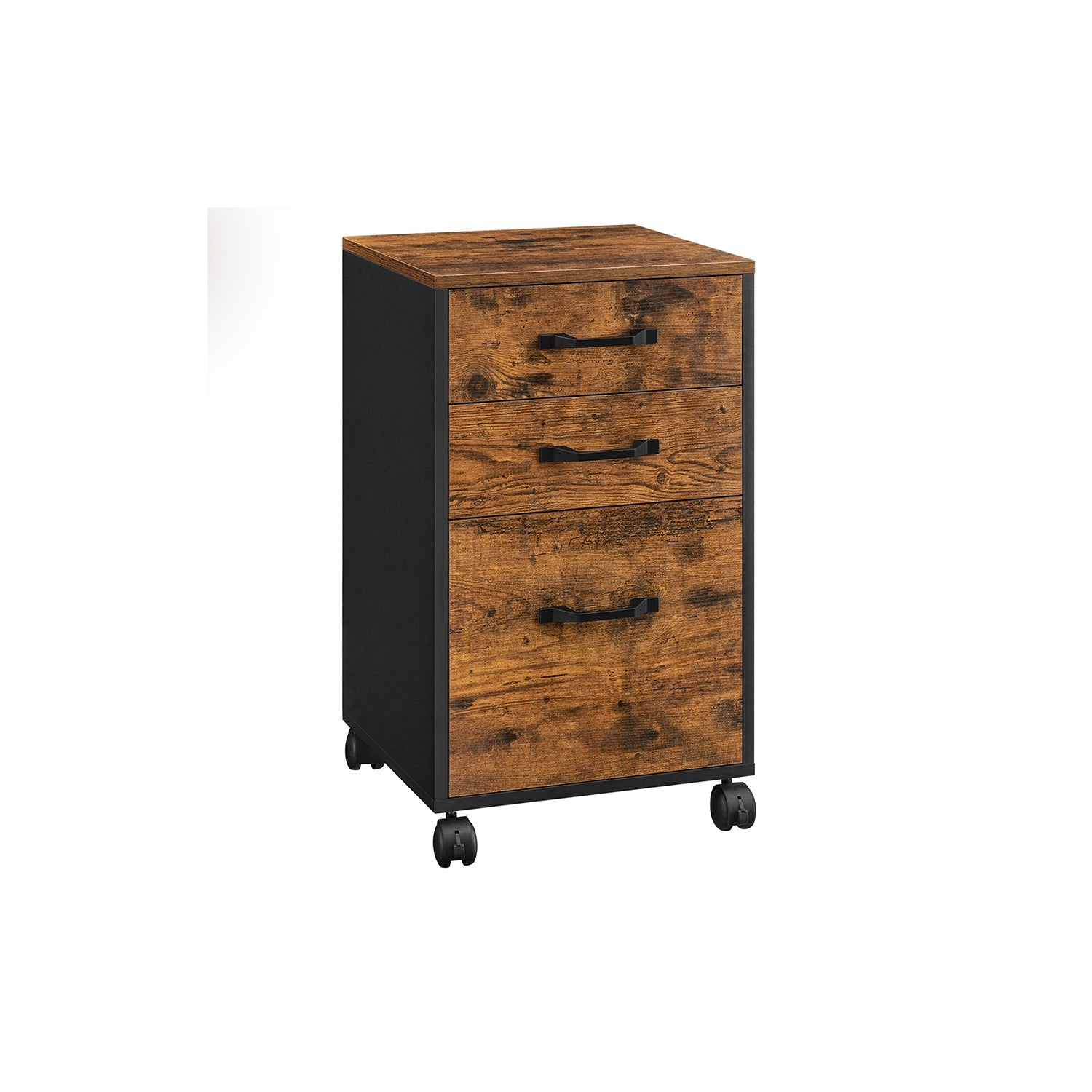 Rolling File Cabinet – Wood – Rustic Brown and Ink Black – Mobile with 3 Drawers