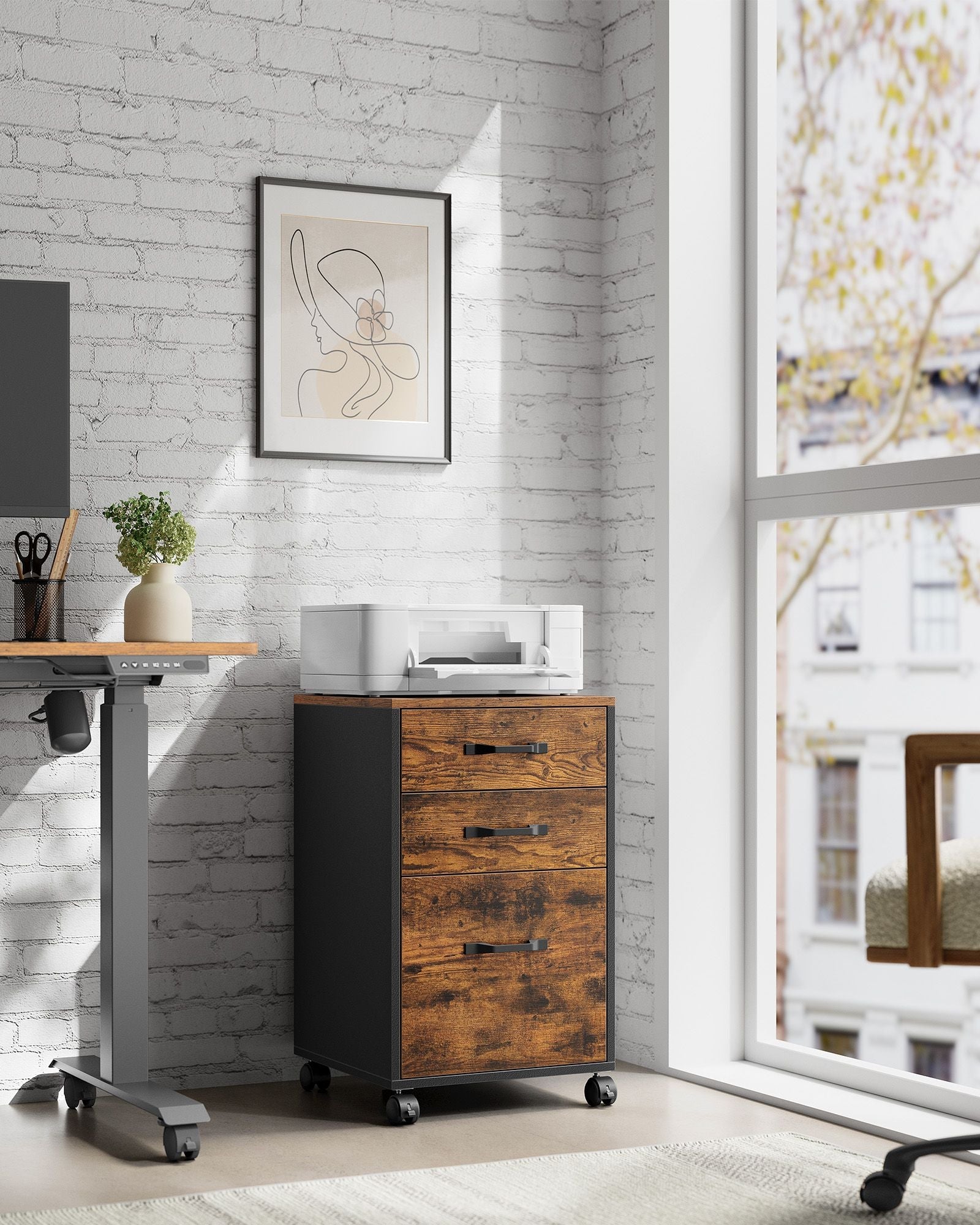 Rolling File Cabinet – Wood – Rustic Brown and Ink Black – Mobile with 3 Drawers