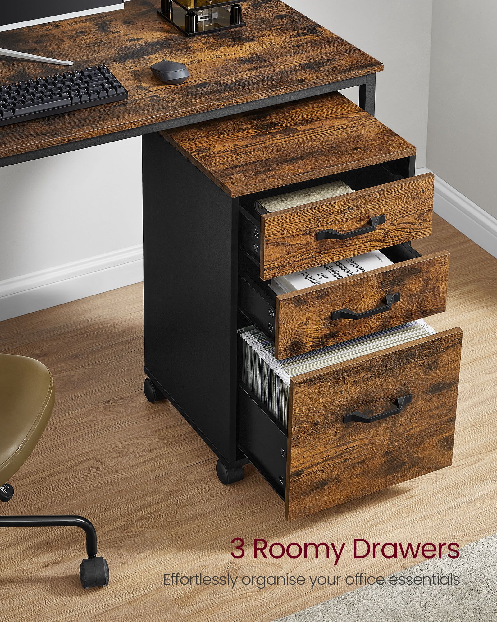 Rolling File Cabinet – Wood – Rustic Brown and Ink Black – Mobile with 3 Drawers
