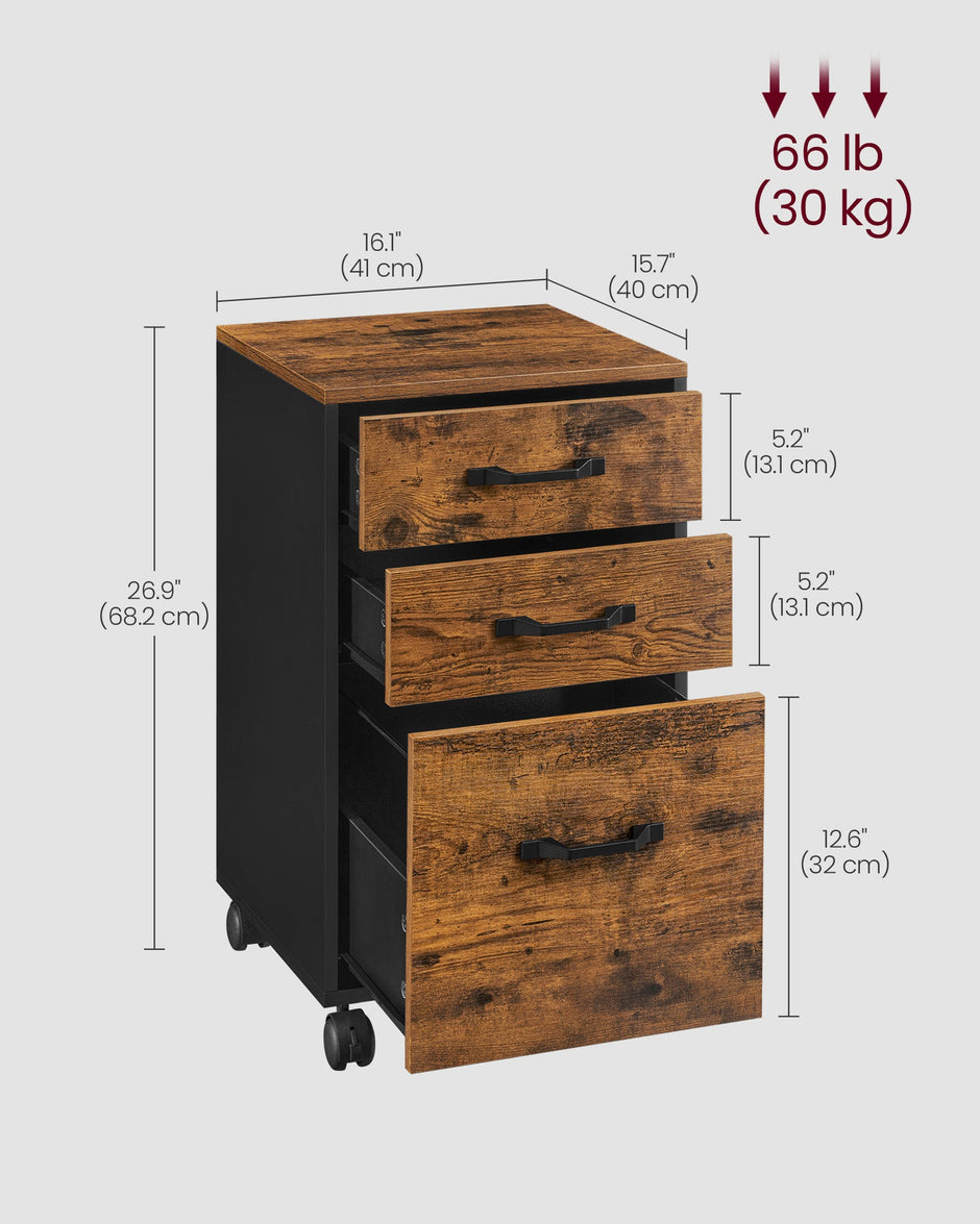 Rolling File Cabinet – Wood – Rustic Brown and Ink Black – Mobile with 3 Drawers