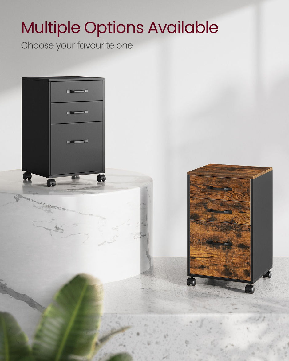 Rolling File Cabinet – Wood – Rustic Brown and Ink Black – Mobile with 3 Drawers