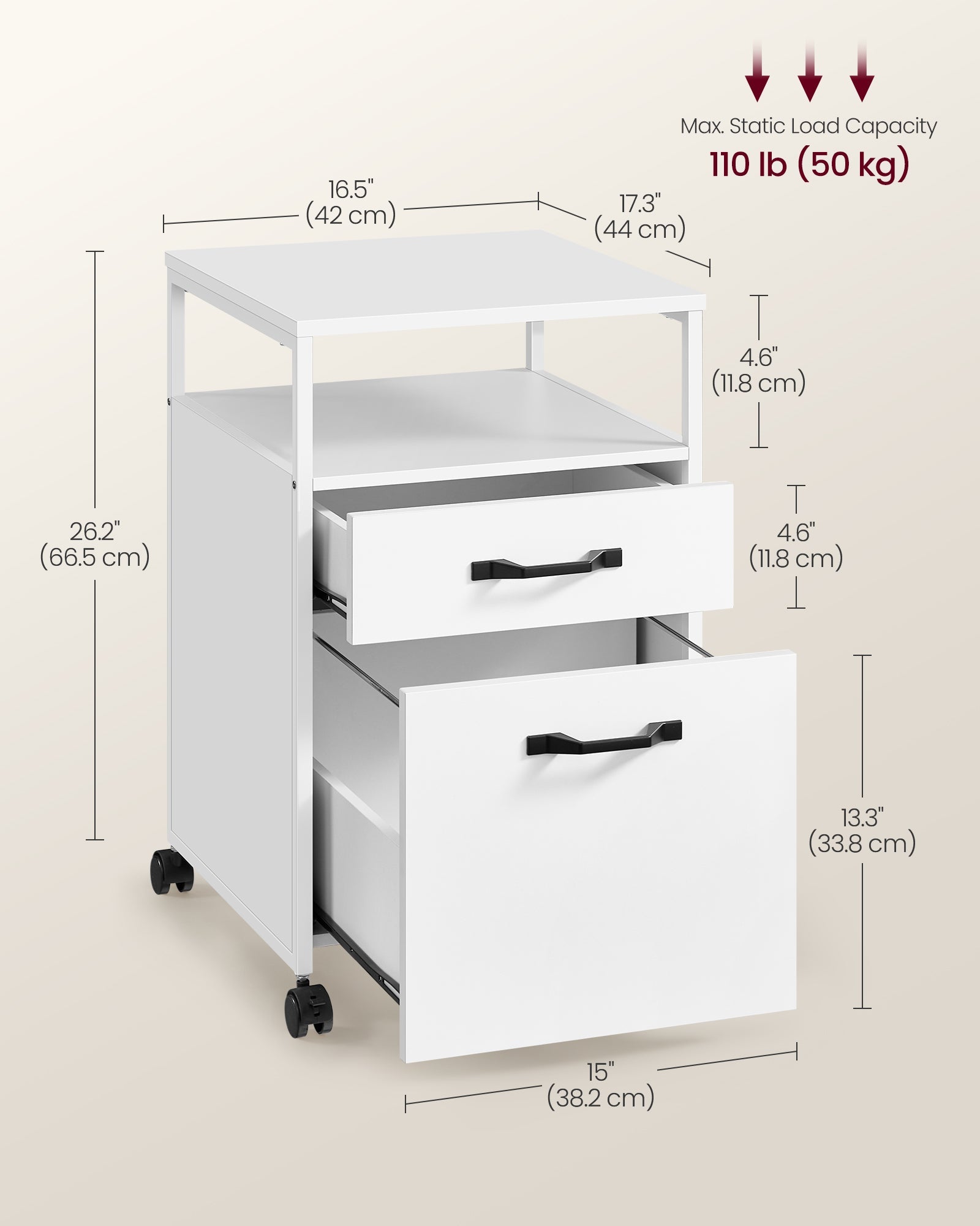 File Cabinet – Steel – Cloud White – 2 Drawers with Open Compartment and Wheels
