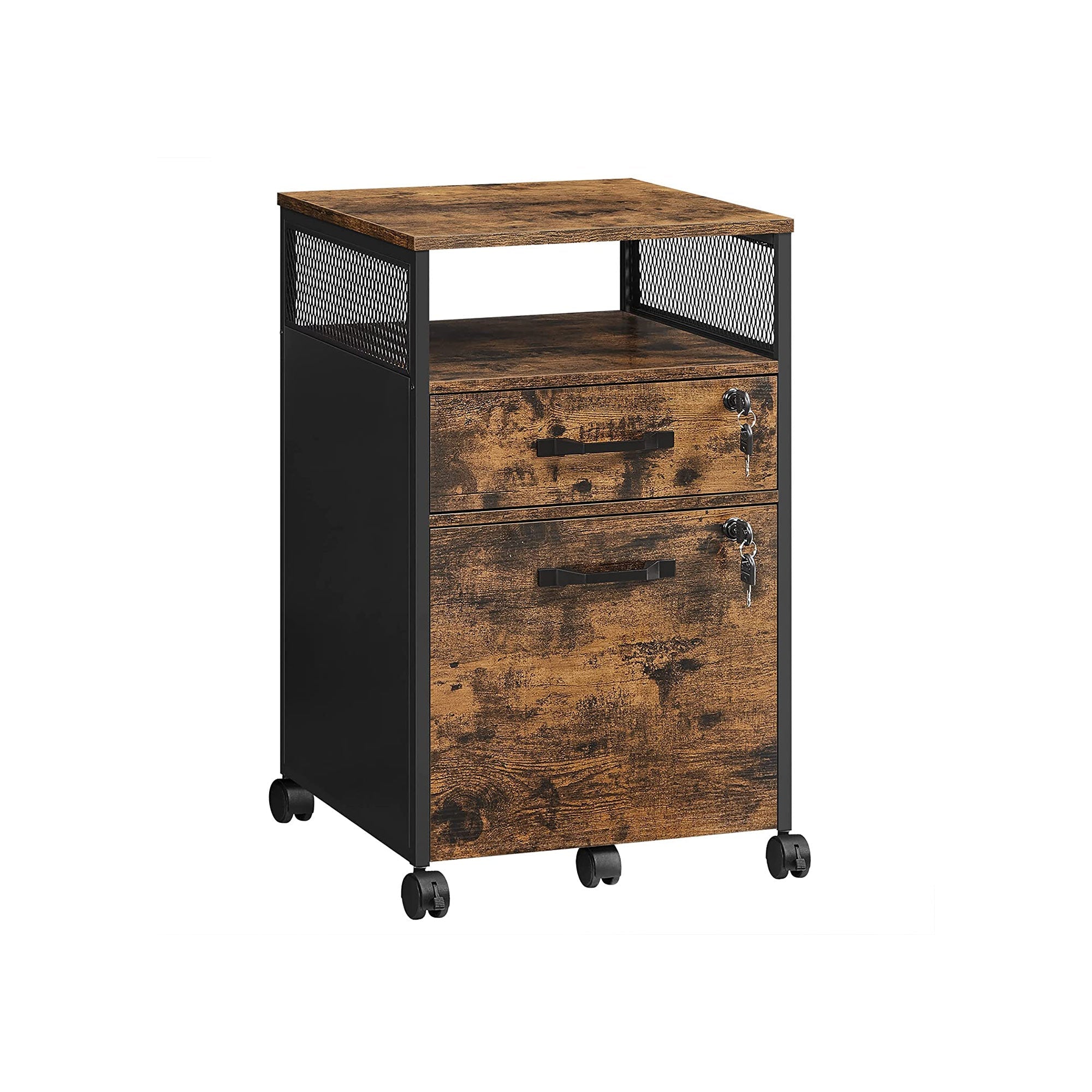 Filing Cabinet – Steel – Rustic Brown and Black – 2 Lockable Drawers with Castors and Open Shelf