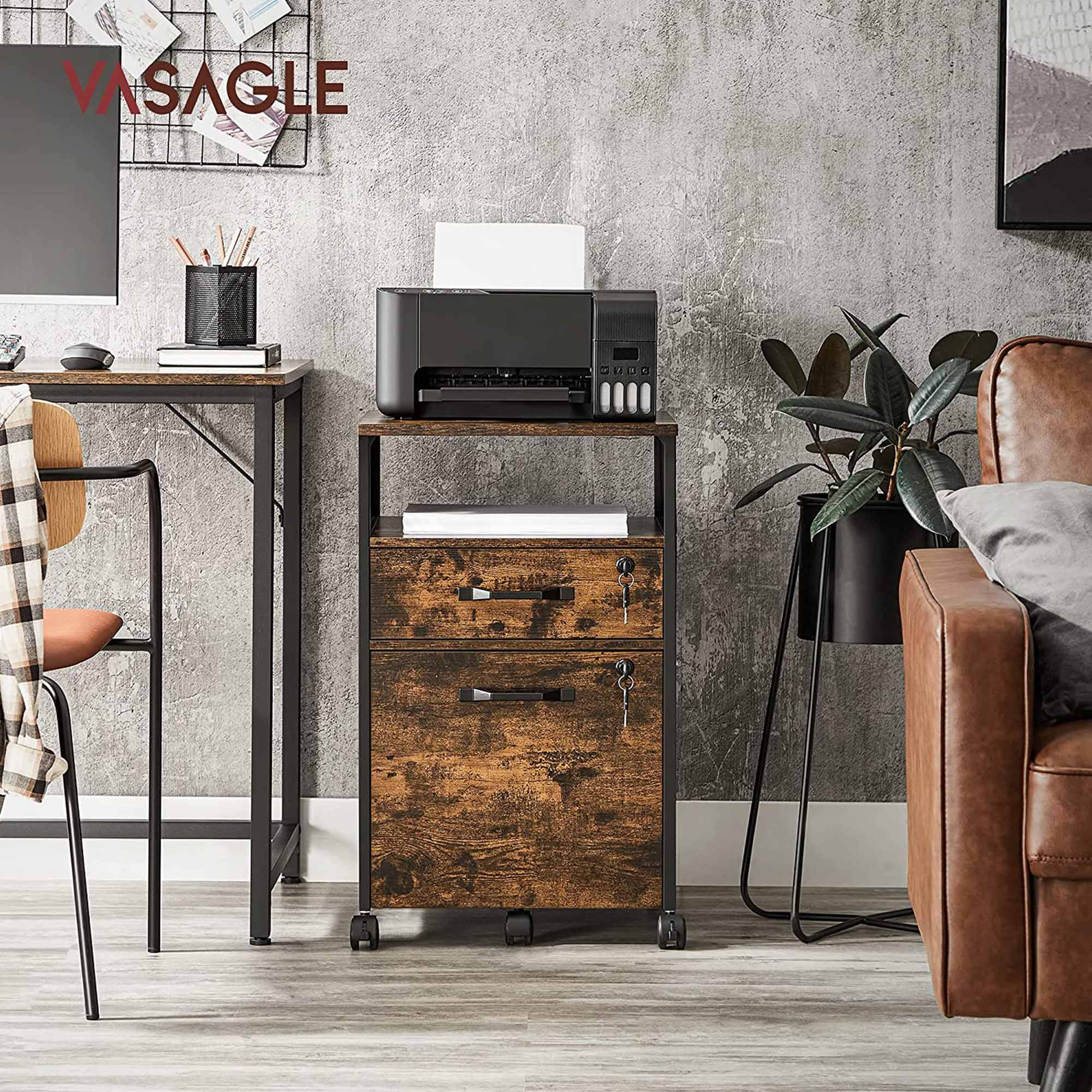 Filing Cabinet – Steel – Rustic Brown and Black – 2 Lockable Drawers with Castors and Open Shelf