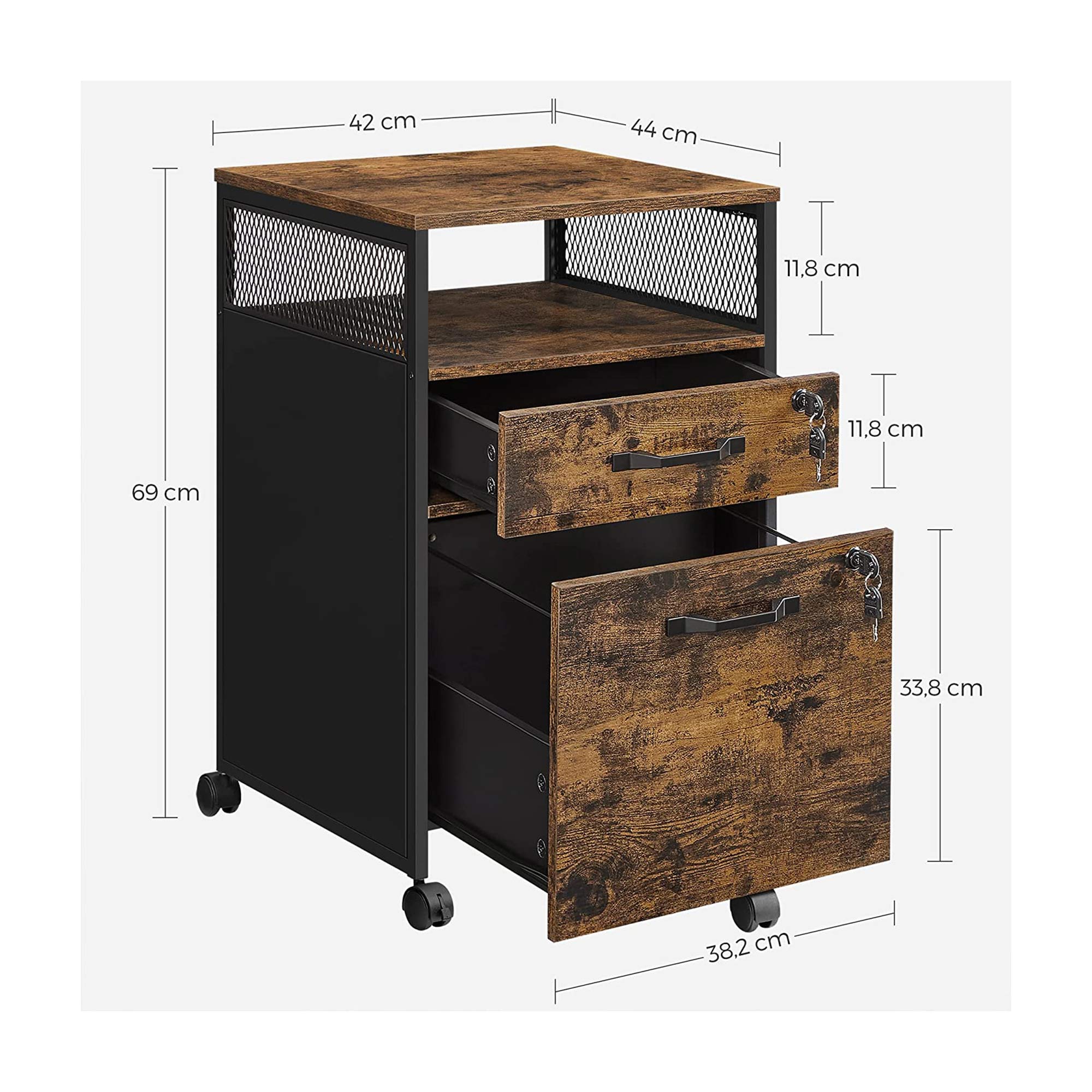 Filing Cabinet – Steel – Rustic Brown and Black – 2 Lockable Drawers with Castors and Open Shelf