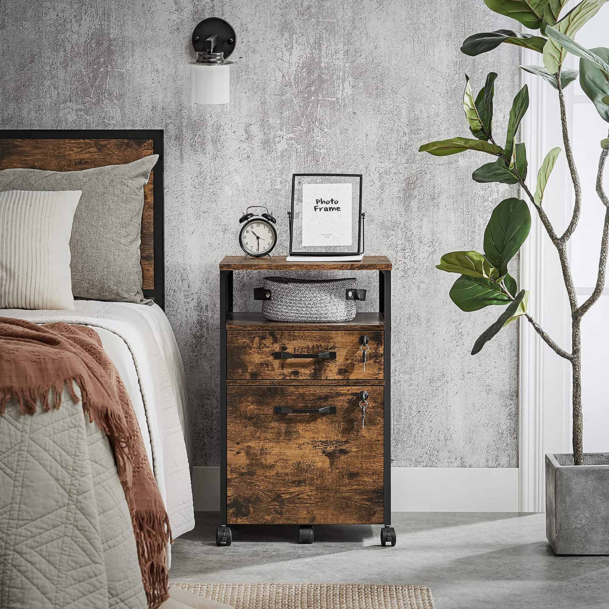 Filing Cabinet – Steel – Rustic Brown and Black – 2 Lockable Drawers with Castors and Open Shelf