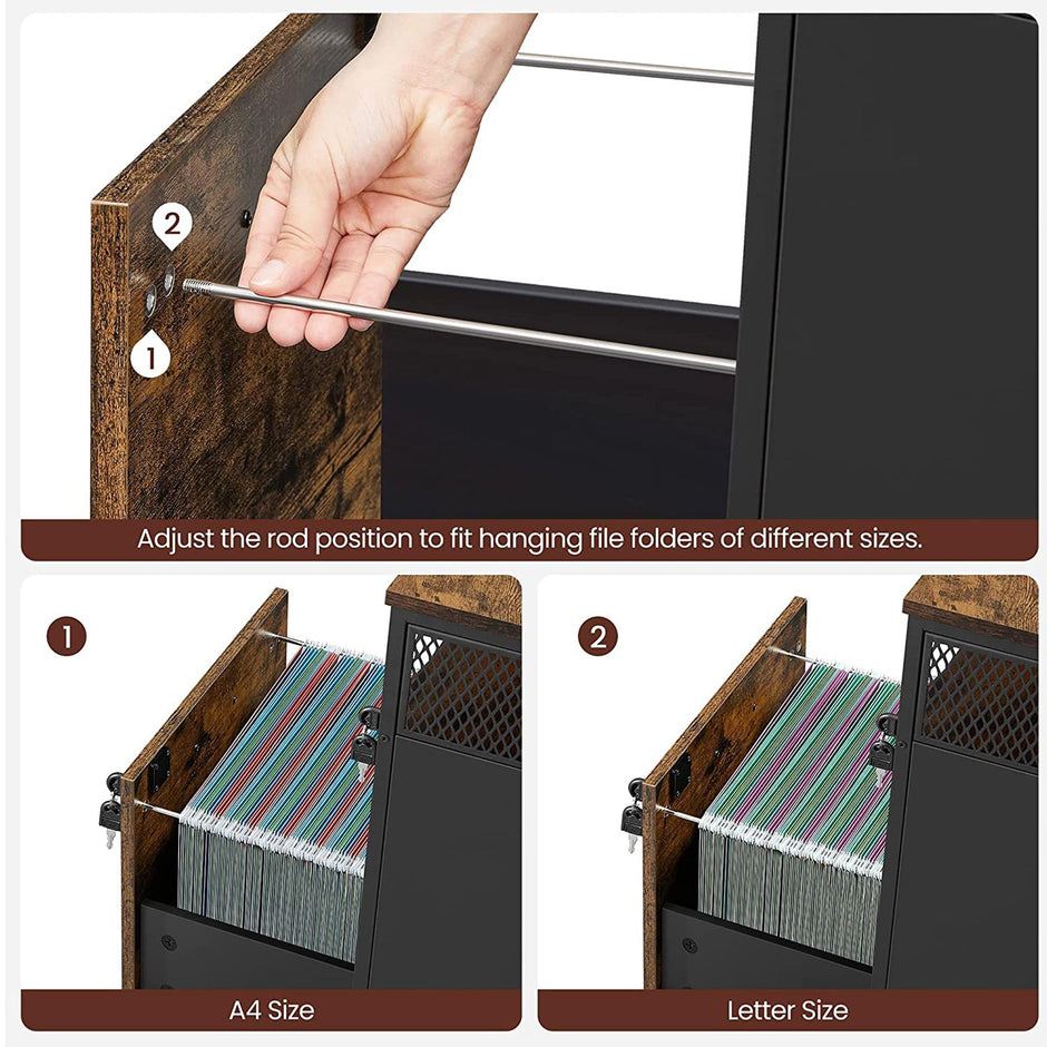 Filing Cabinet – Steel – Rustic Brown and Black – 2 Lockable Drawers with Castors and Open Shelf