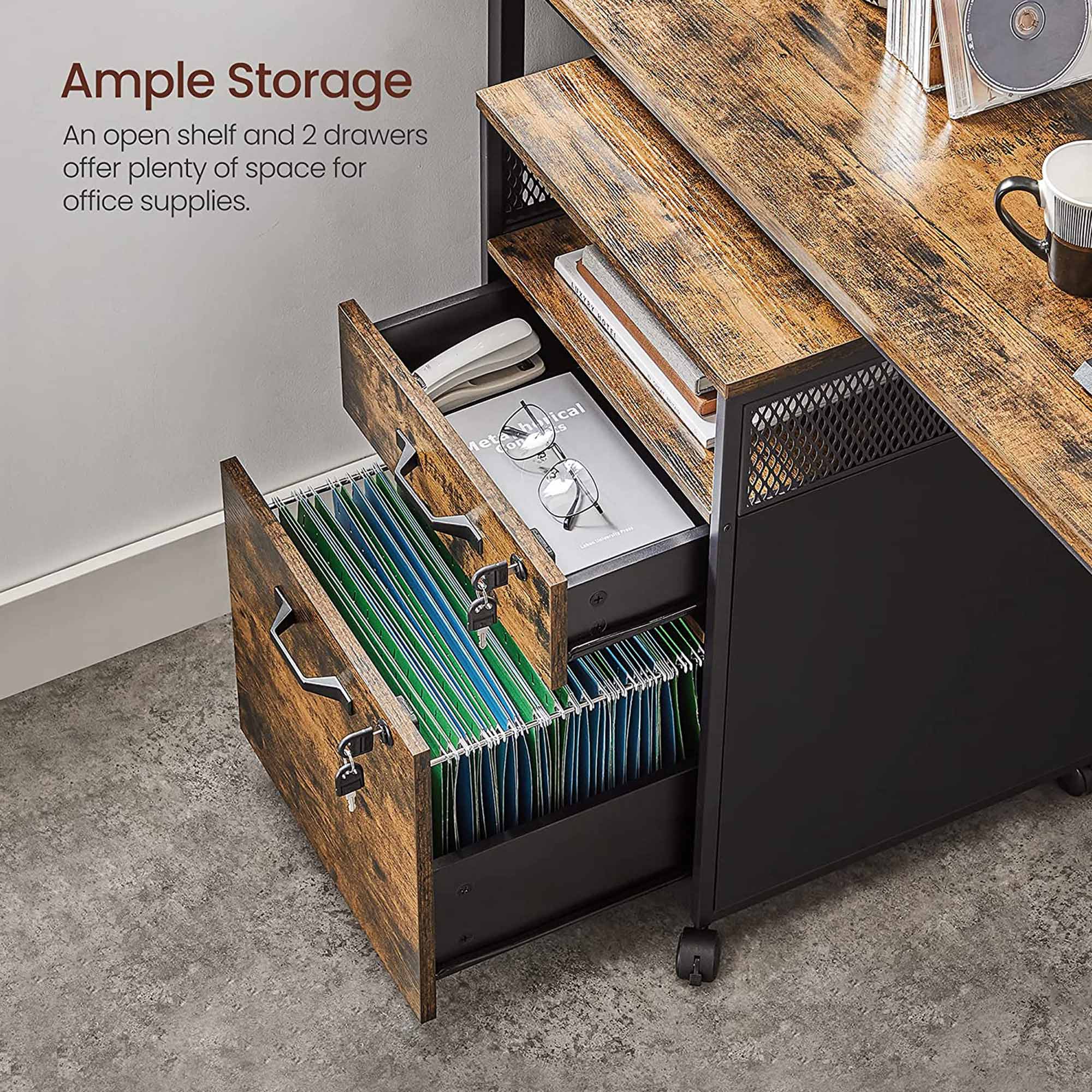 Filing Cabinet – Steel – Rustic Brown and Black – 2 Lockable Drawers with Castors and Open Shelf