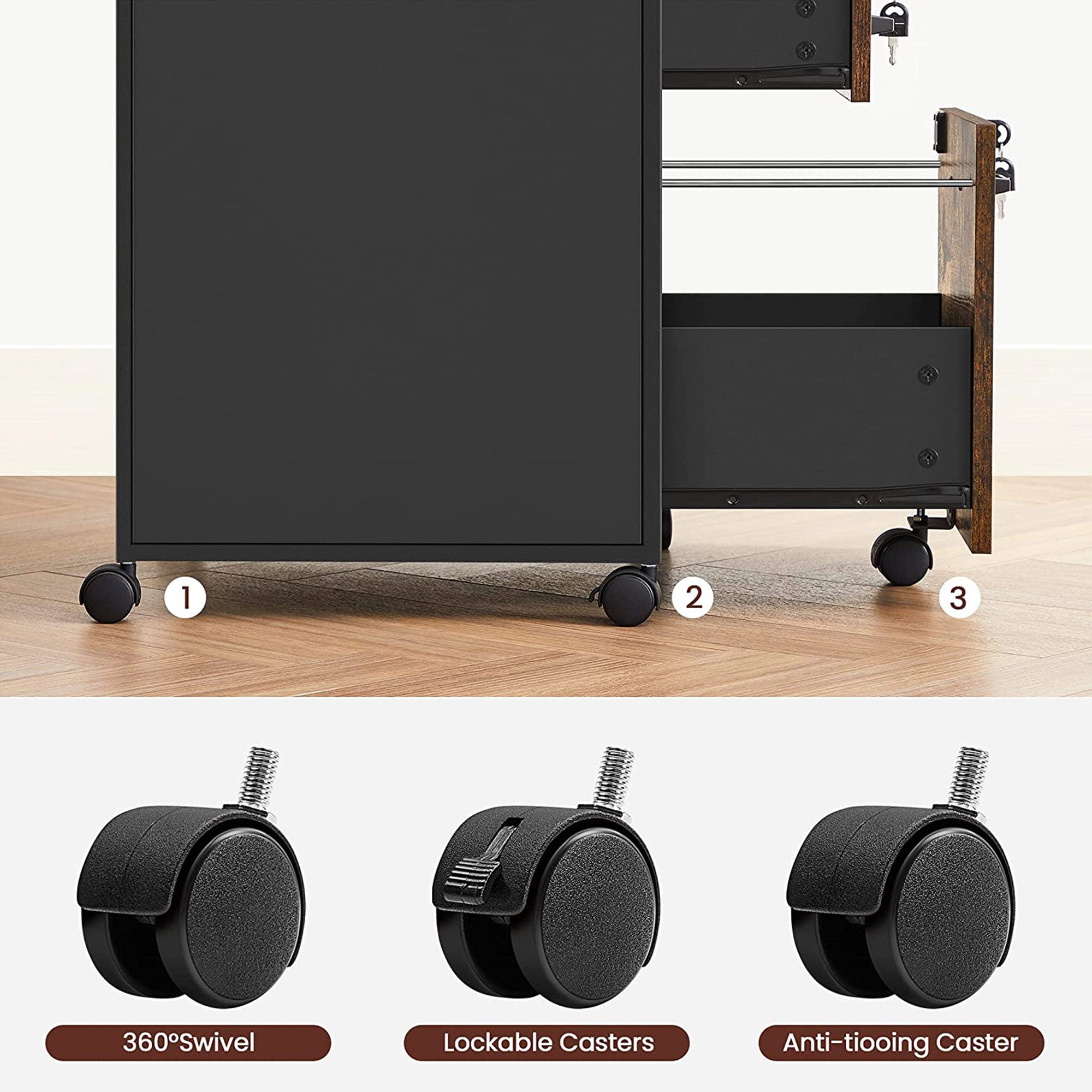 Filing Cabinet – Steel – Rustic Brown and Black – 2 Lockable Drawers with Castors and Open Shelf