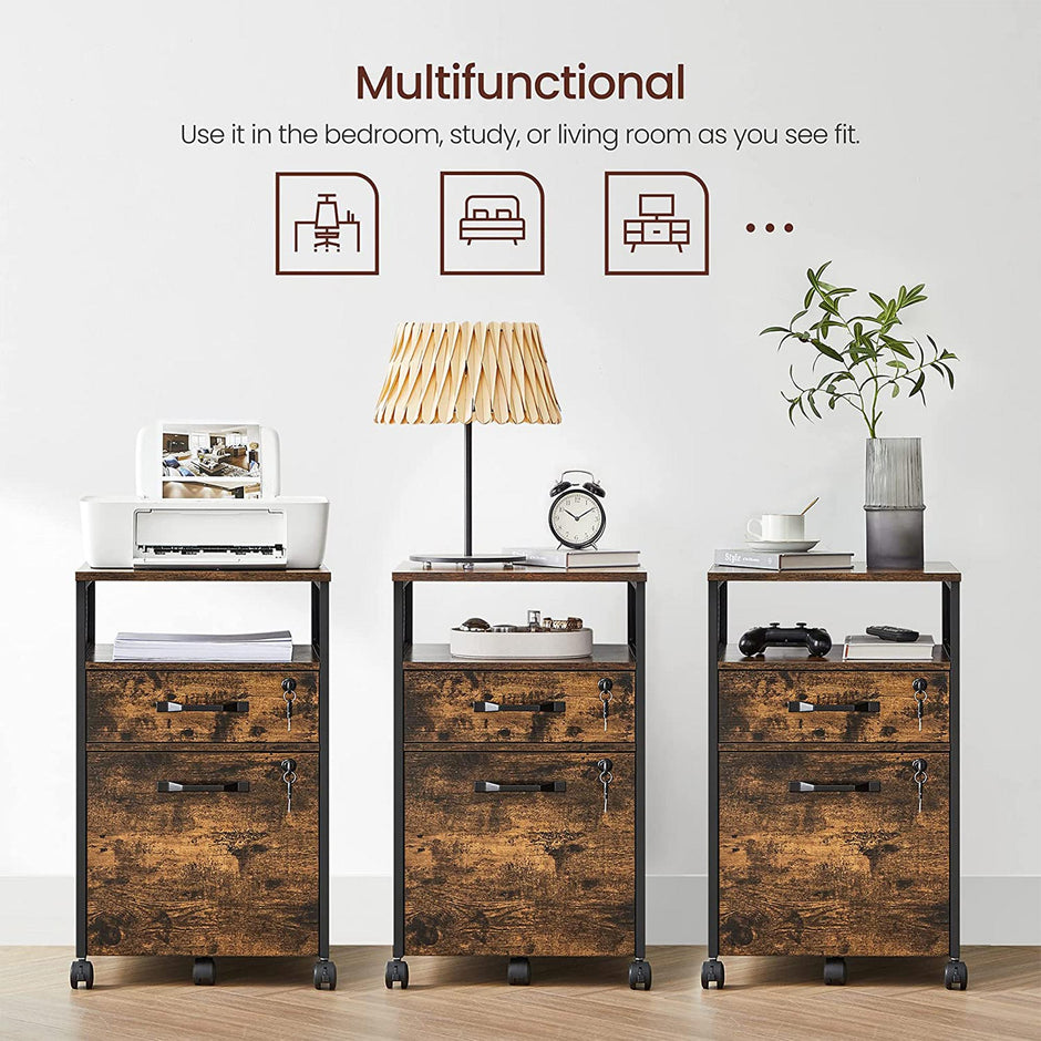 Filing Cabinet – Steel – Rustic Brown and Black – 2 Lockable Drawers with Castors and Open Shelf