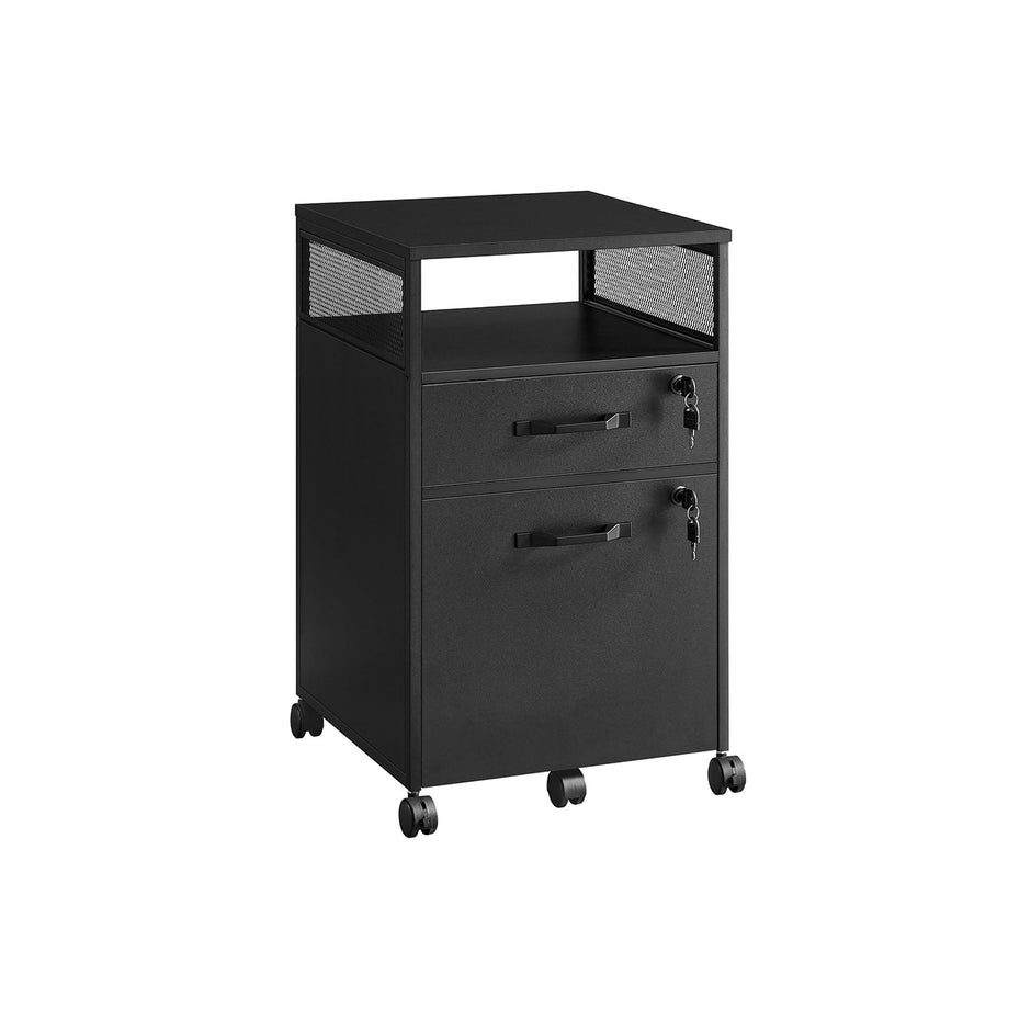 Mobile File Cabinet – Steel – Ink Black – 2 Lockable Drawers, Casters and Open Shelf