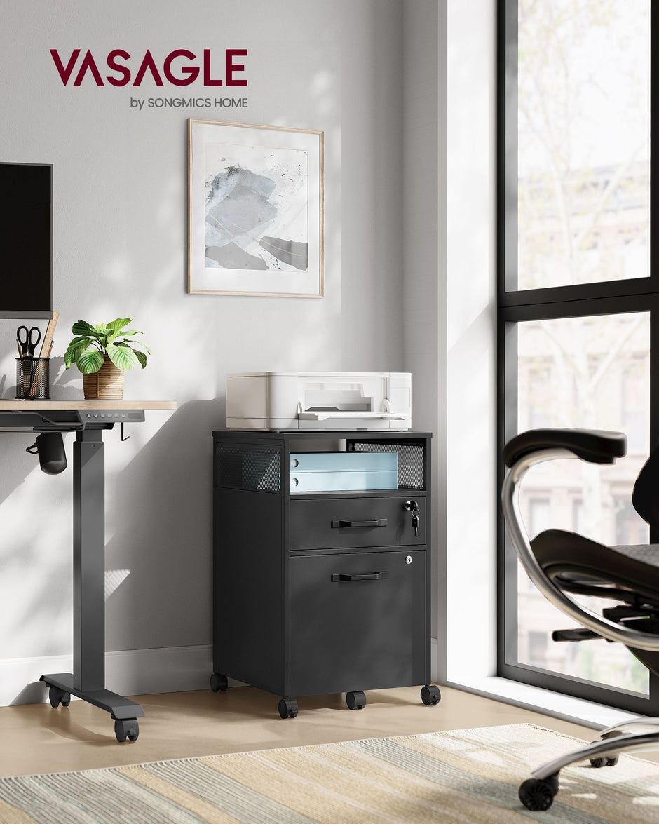 Mobile File Cabinet – Steel – Ink Black – 2 Lockable Drawers, Casters and Open Shelf