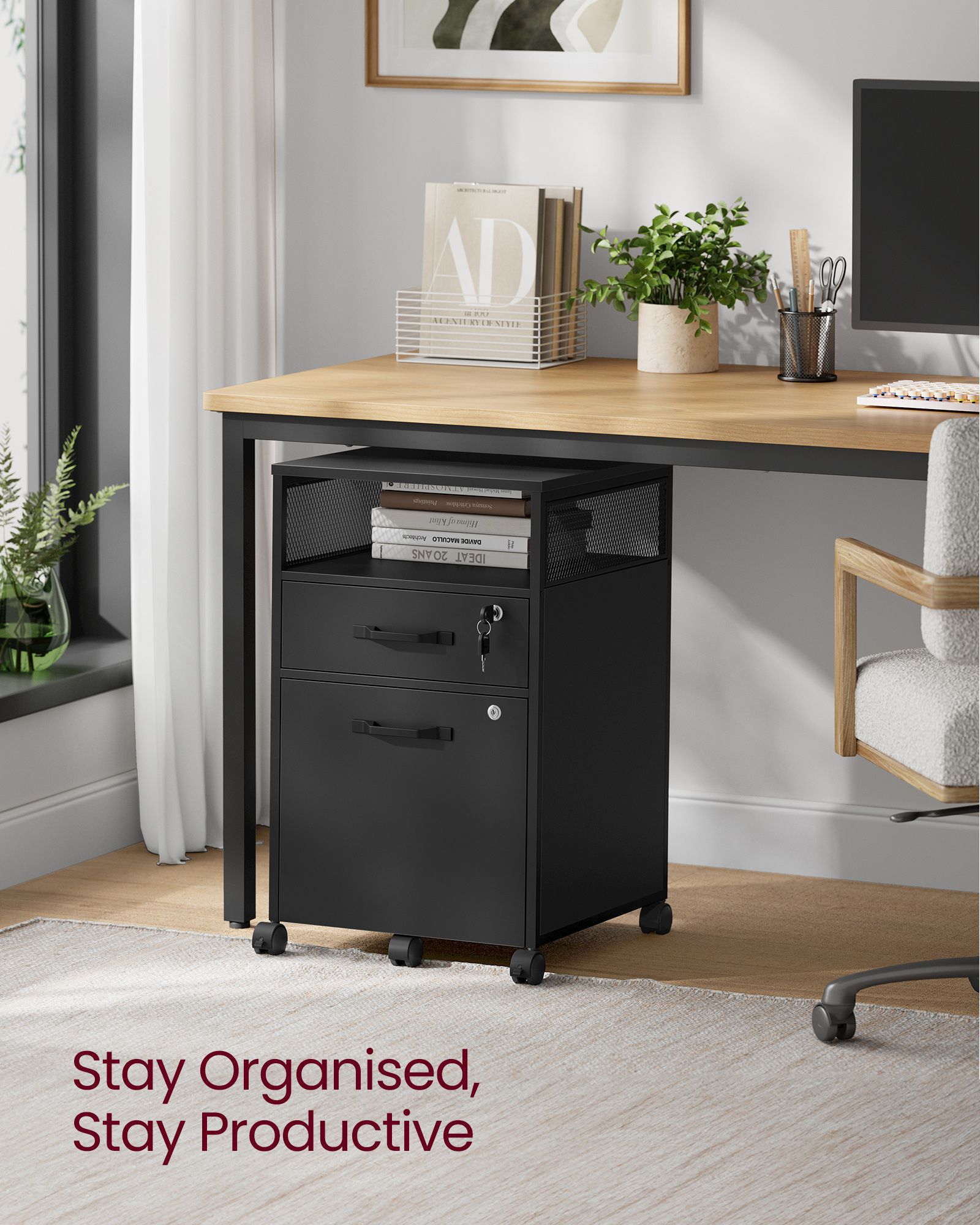 Mobile File Cabinet – Steel – Ink Black – 2 Lockable Drawers, Casters and Open Shelf