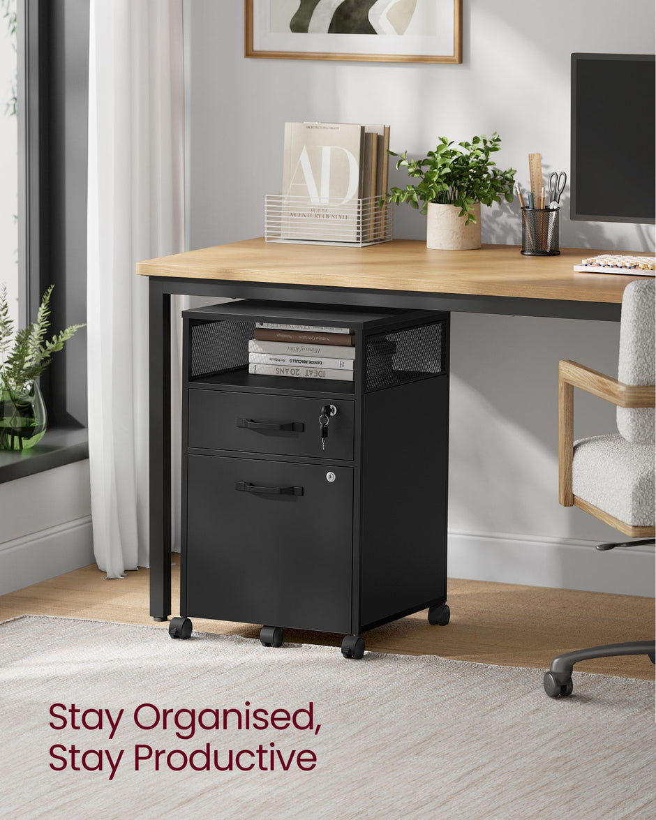 Mobile File Cabinet – Steel – Ink Black – 2 Lockable Drawers, Casters and Open Shelf