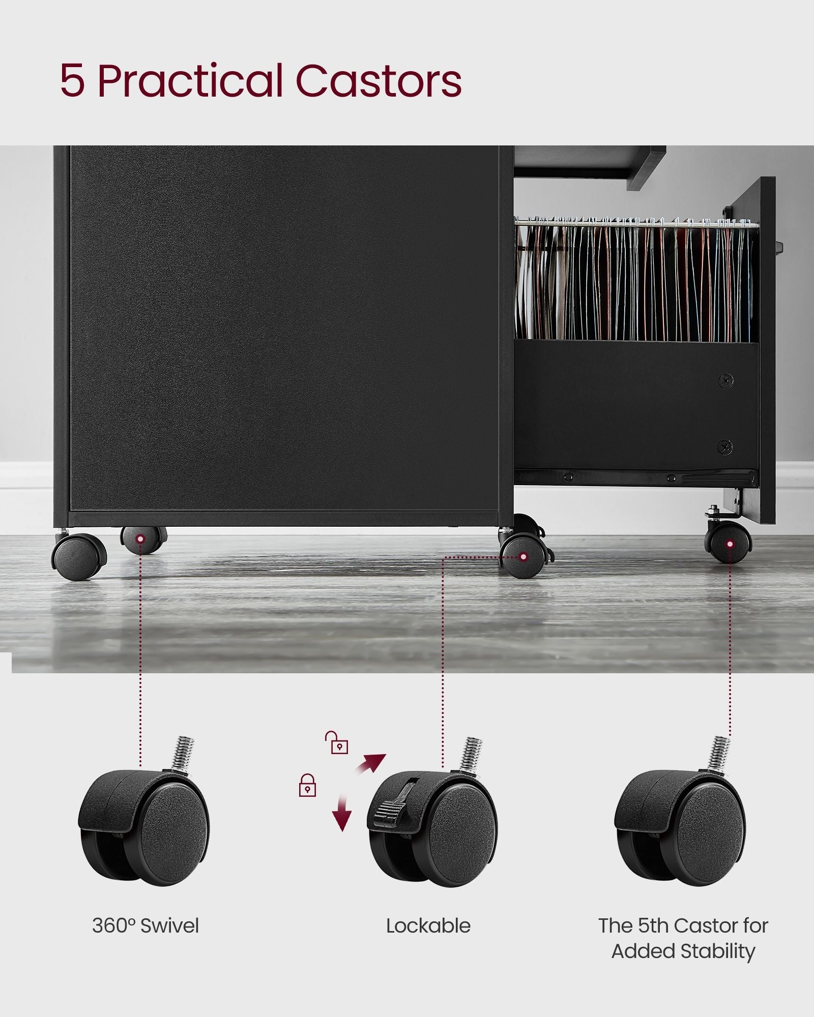 Mobile File Cabinet – Steel – Ink Black – 2 Lockable Drawers, Casters and Open Shelf