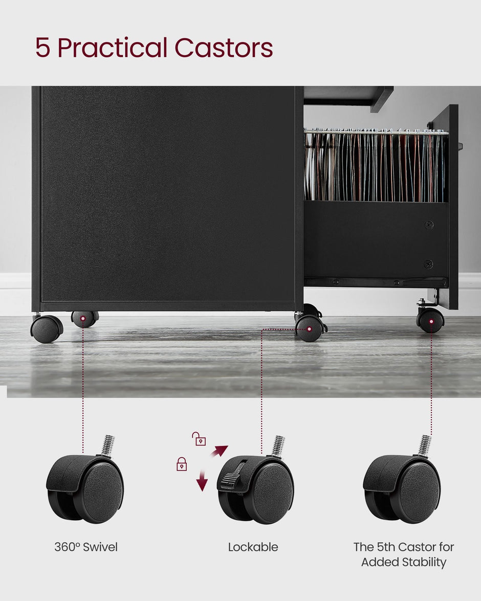 Mobile File Cabinet – Steel – Ink Black – 2 Lockable Drawers, Casters and Open Shelf
