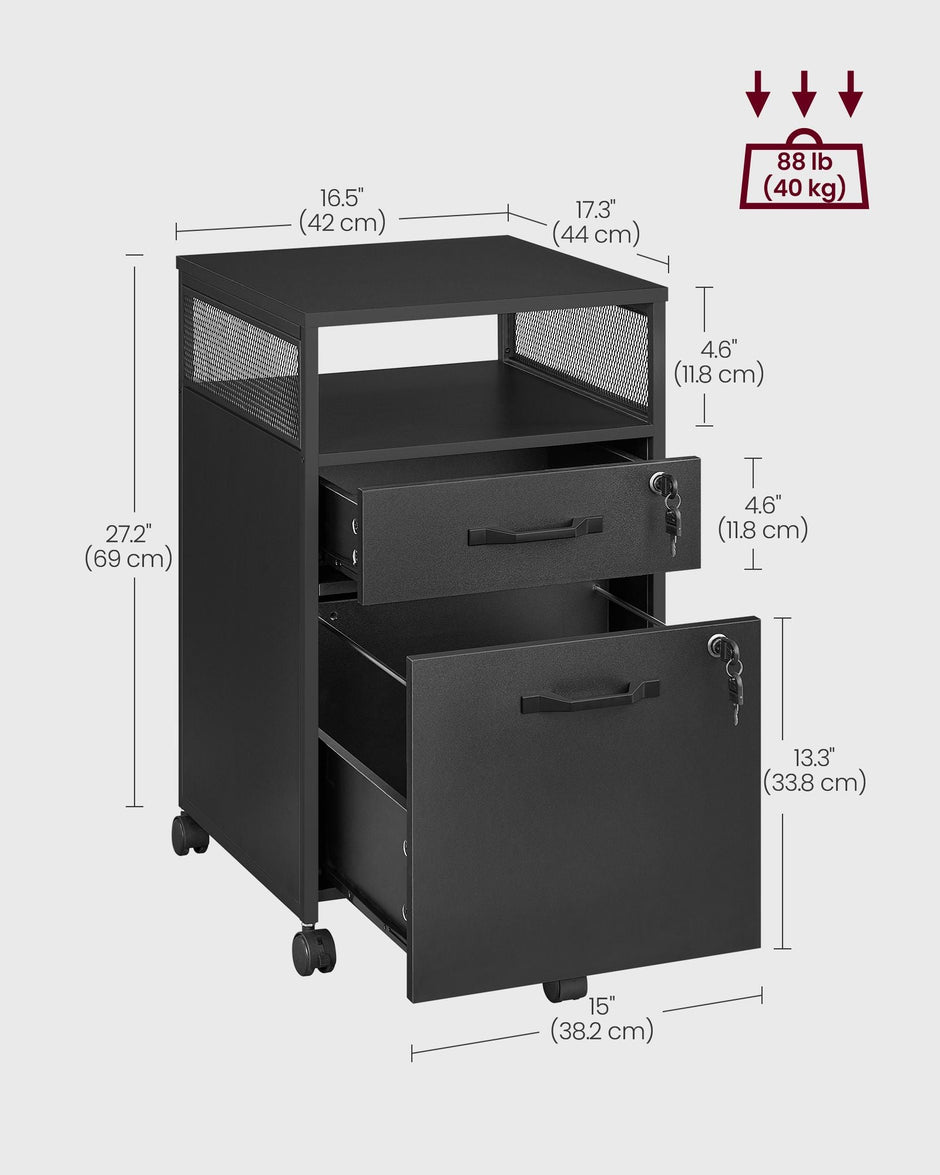 Mobile File Cabinet – Steel – Ink Black – 2 Lockable Drawers, Casters and Open Shelf
