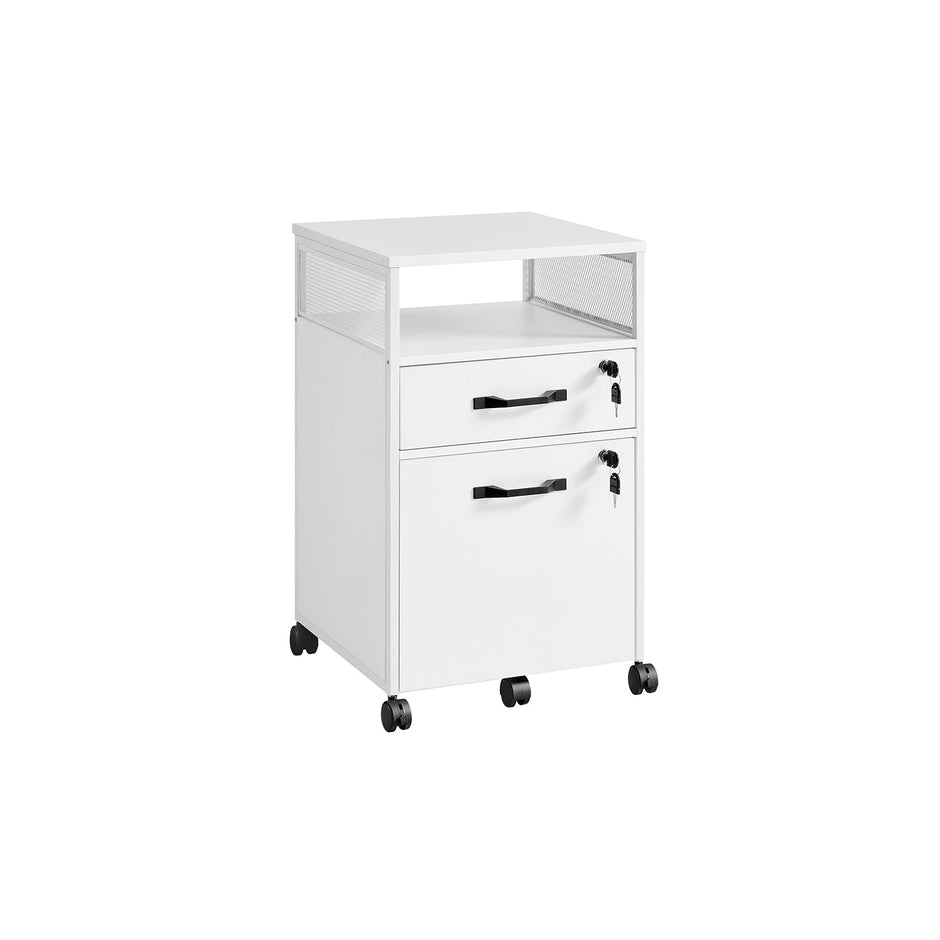 Filing Cabinet – Steel – Cloud White – 2 Lockable Drawers, Open Shelf, Mobile Design