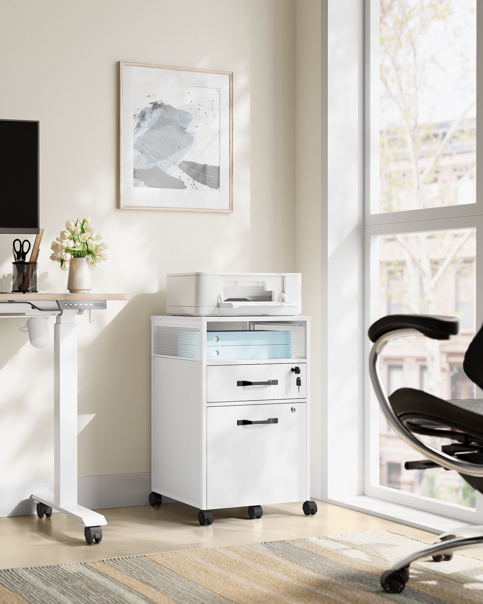 Filing Cabinet – Steel – Cloud White – 2 Lockable Drawers, Open Shelf, Mobile Design