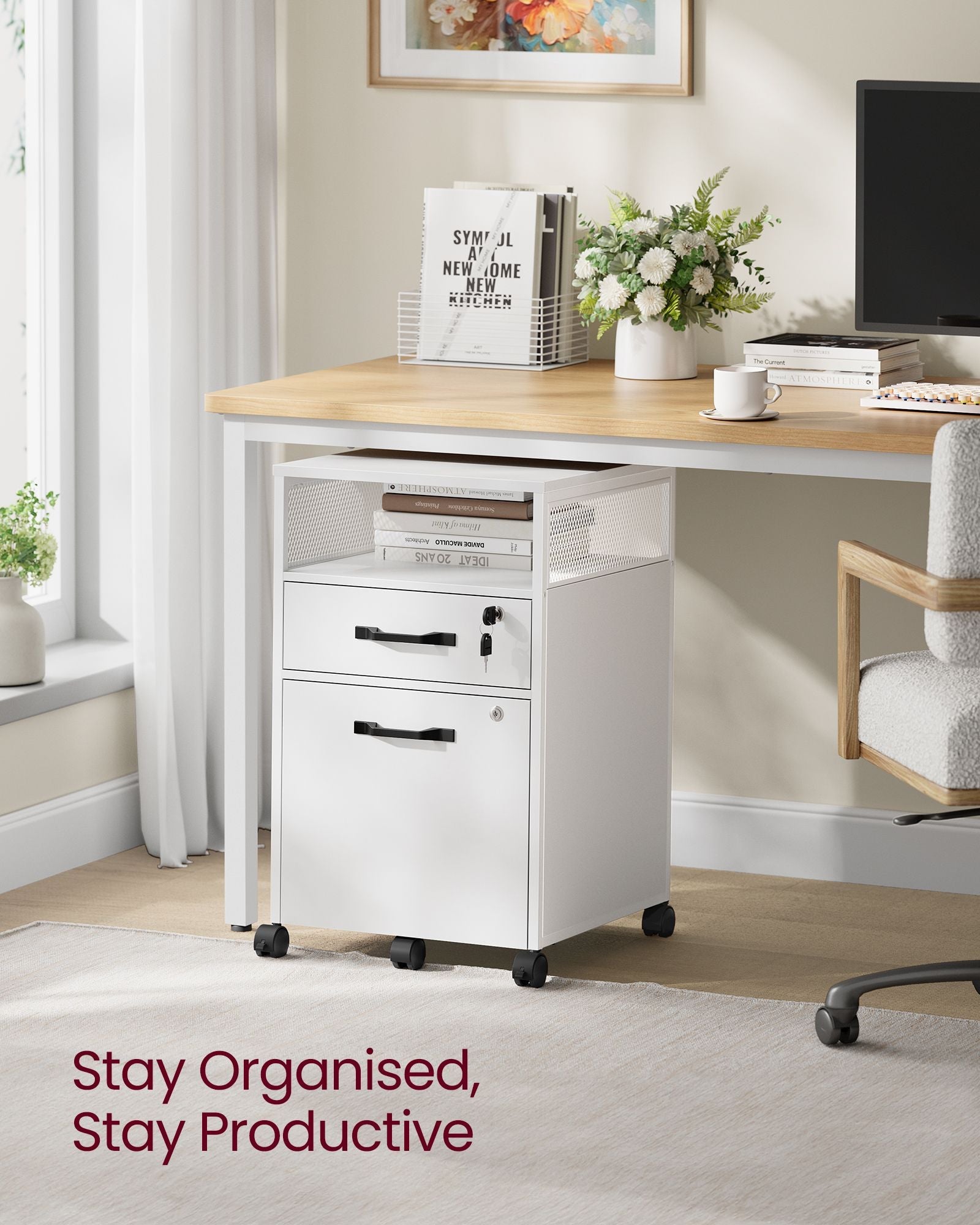 Filing Cabinet – Steel – Cloud White – 2 Lockable Drawers, Open Shelf, Mobile Design