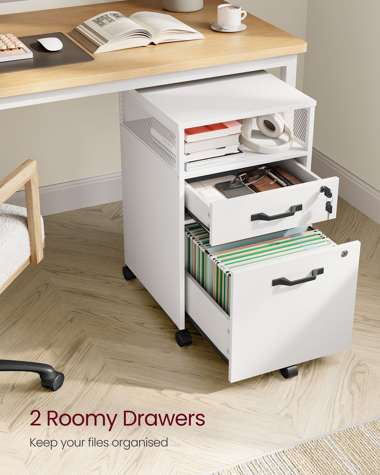 Filing Cabinet – Steel – Cloud White – 2 Lockable Drawers, Open Shelf, Mobile Design