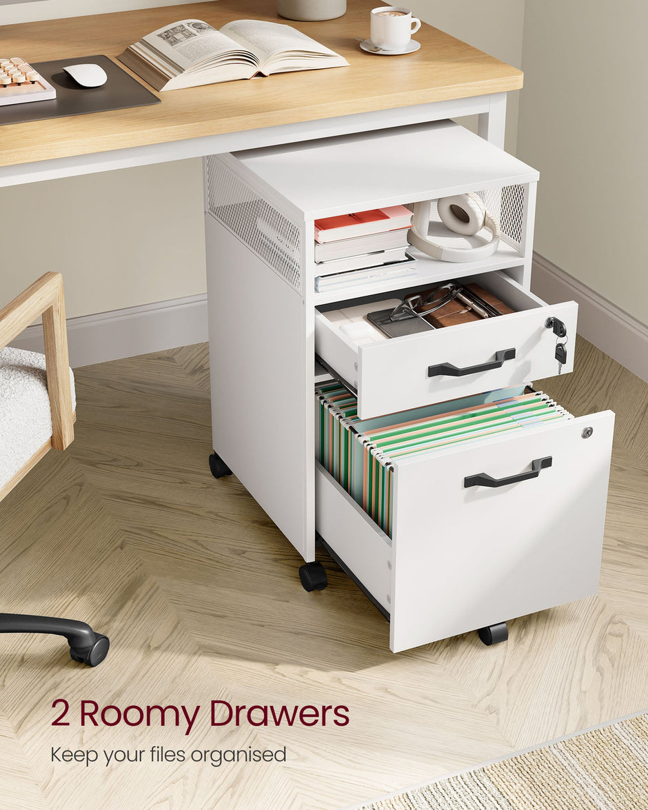 Filing Cabinet – Steel – Cloud White – 2 Lockable Drawers, Open Shelf, Mobile Design