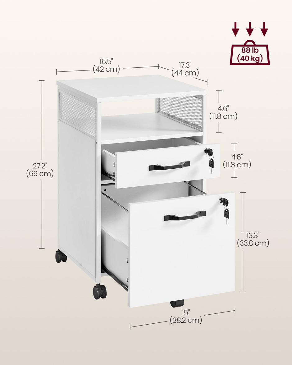 Filing Cabinet – Steel – Cloud White – 2 Lockable Drawers, Open Shelf, Mobile Design