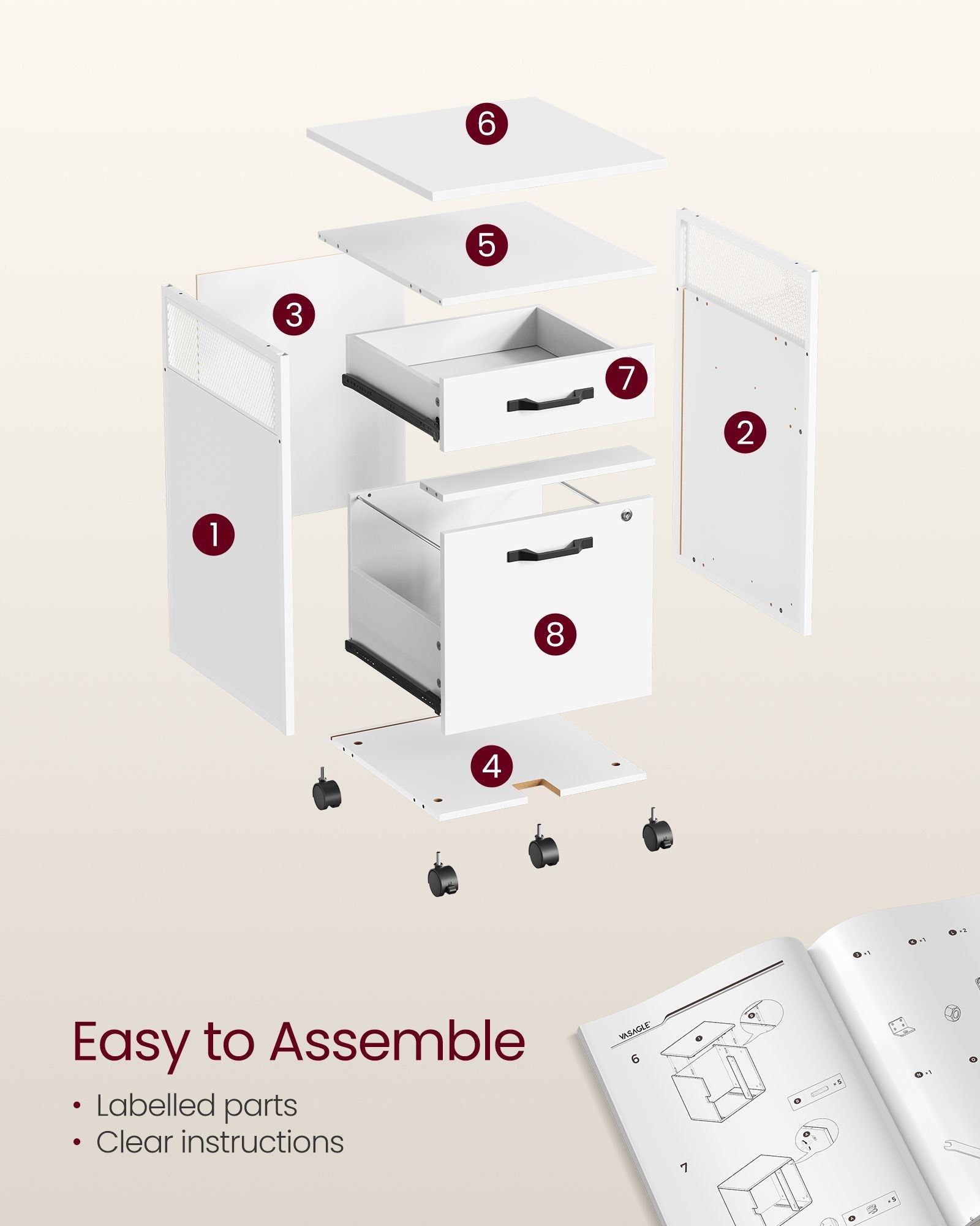 Filing Cabinet – Steel – Cloud White – 2 Lockable Drawers, Open Shelf, Mobile Design