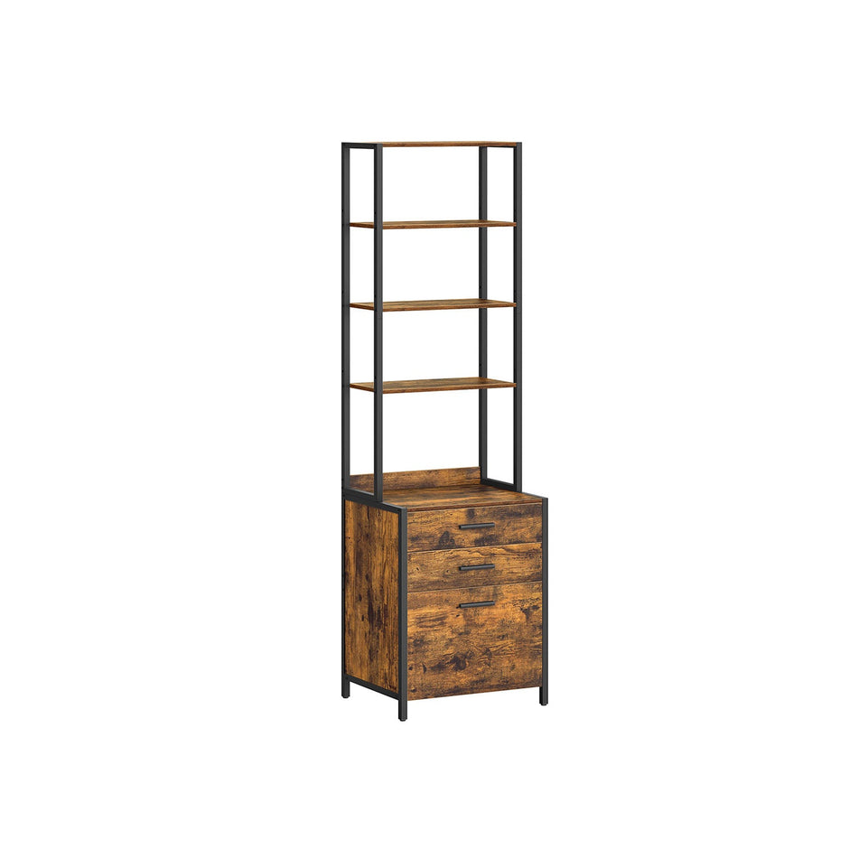 3-Drawer Filing Cabinet – Steel – Rustic Brown – Height-Adjustable Open Shelves