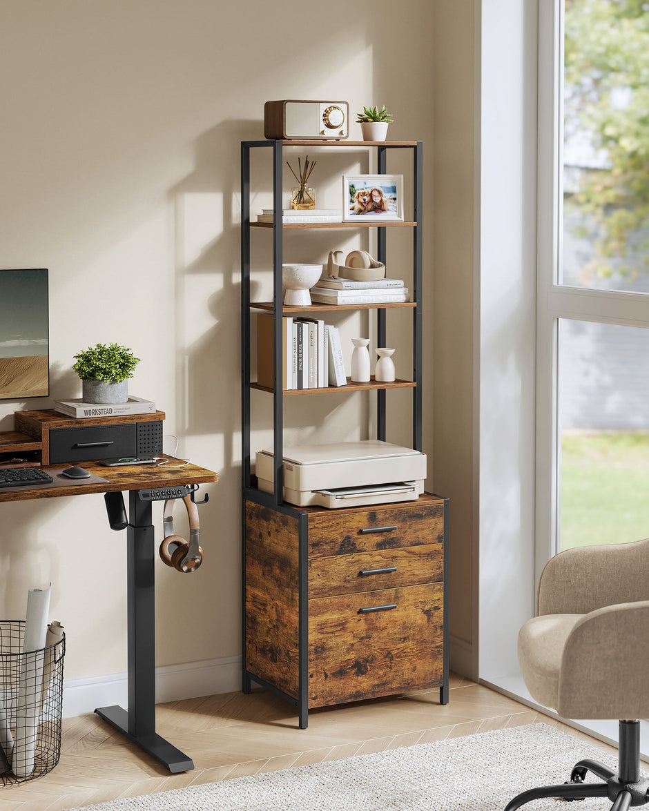 3-Drawer Filing Cabinet – Steel – Rustic Brown – Height-Adjustable Open Shelves