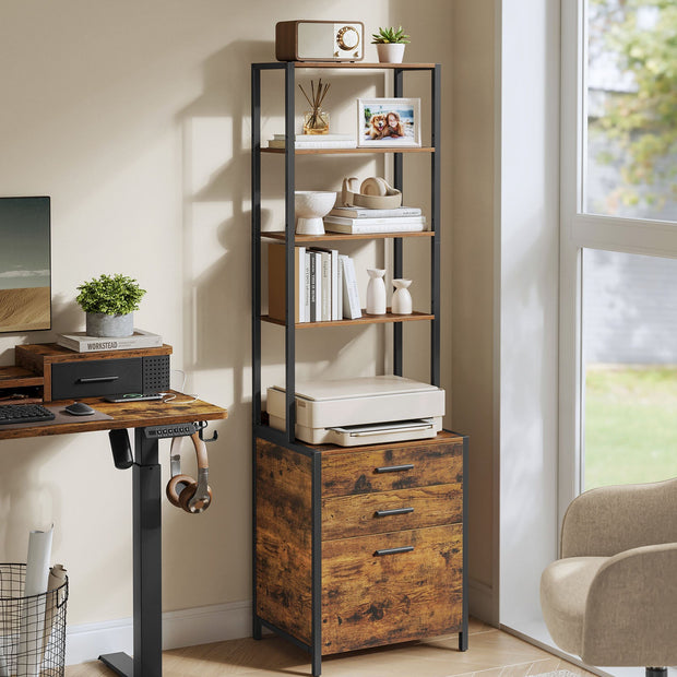 3-Drawer Filing Cabinet – Steel – Rustic Brown – Height-Adjustable Open Shelves