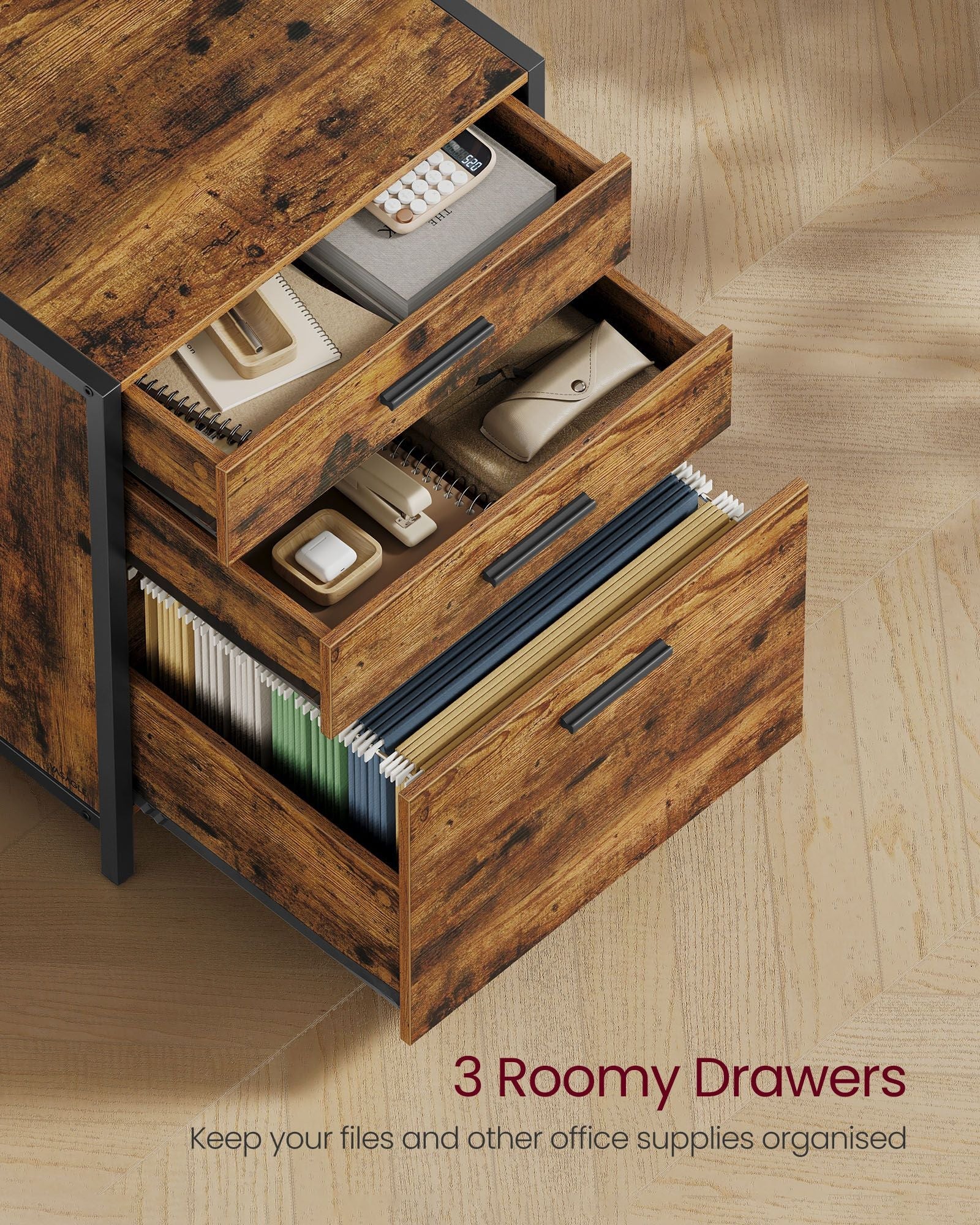 3-Drawer Filing Cabinet – Steel – Rustic Brown – Height-Adjustable Open Shelves