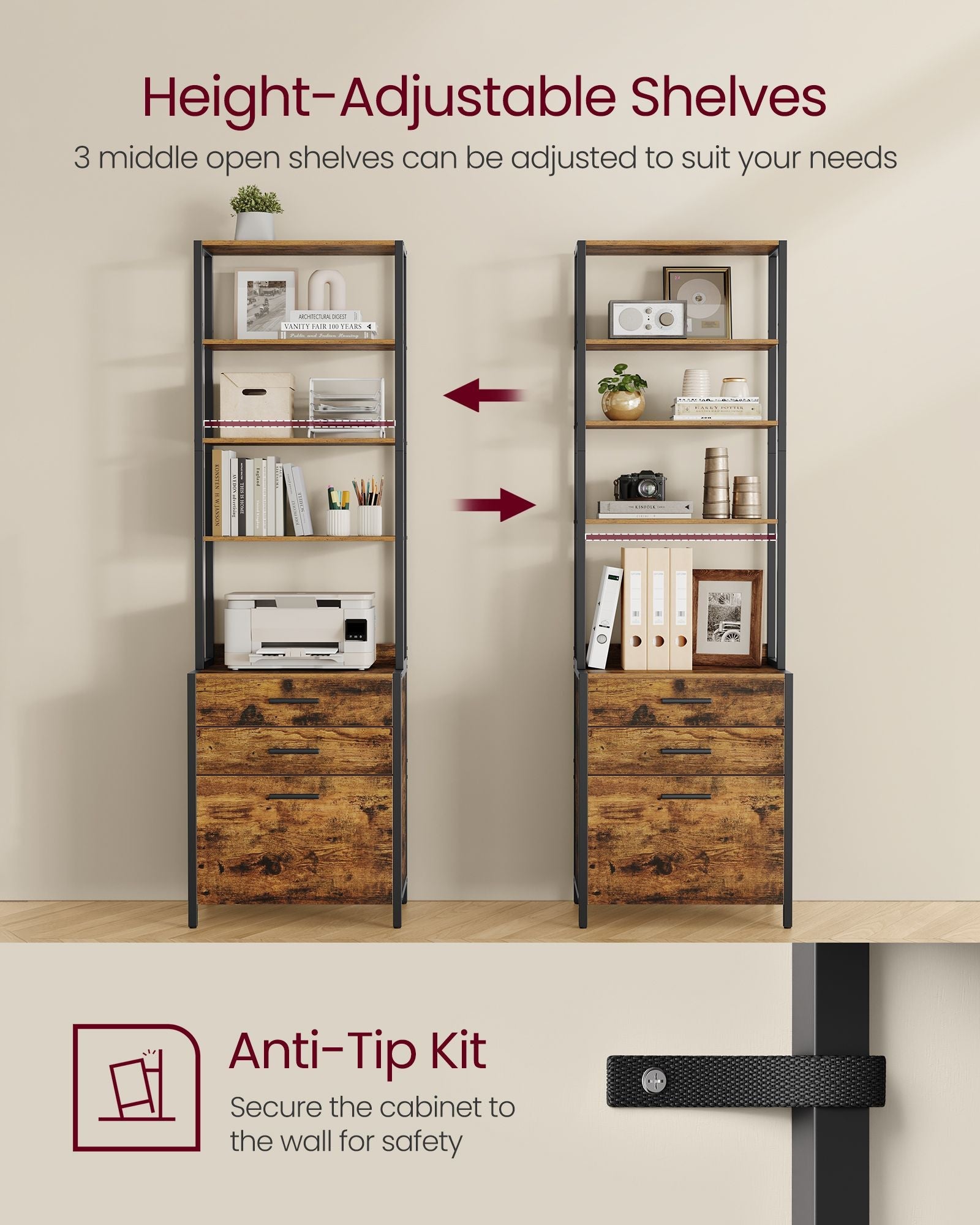 3-Drawer Filing Cabinet – Steel – Rustic Brown – Height-Adjustable Open Shelves